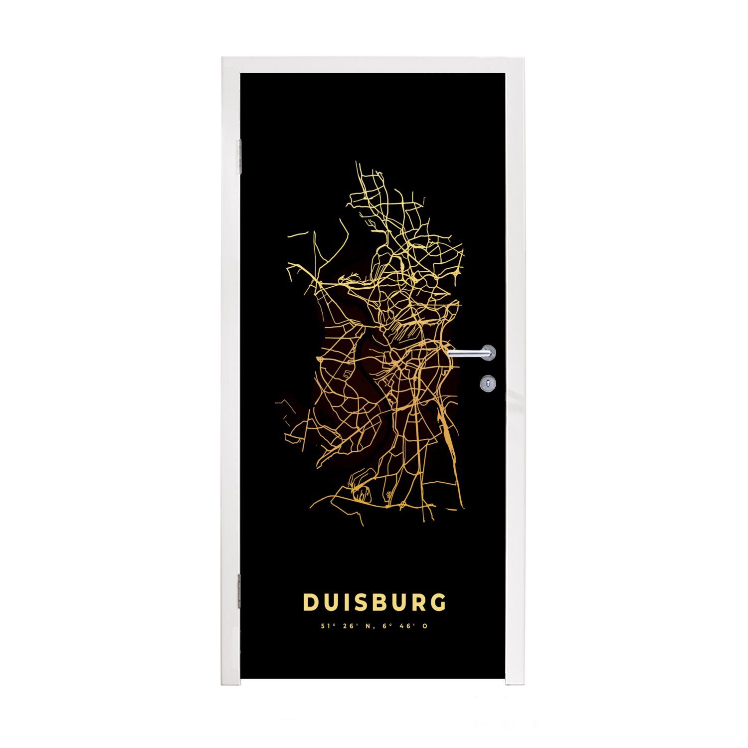 MuchoWow Türtapete Duisburg - Karte - Gold - Stadtplan, Matt, bedruckt, (1 St), Fototapete für Tür, Türaufkleber, 75x205 cm