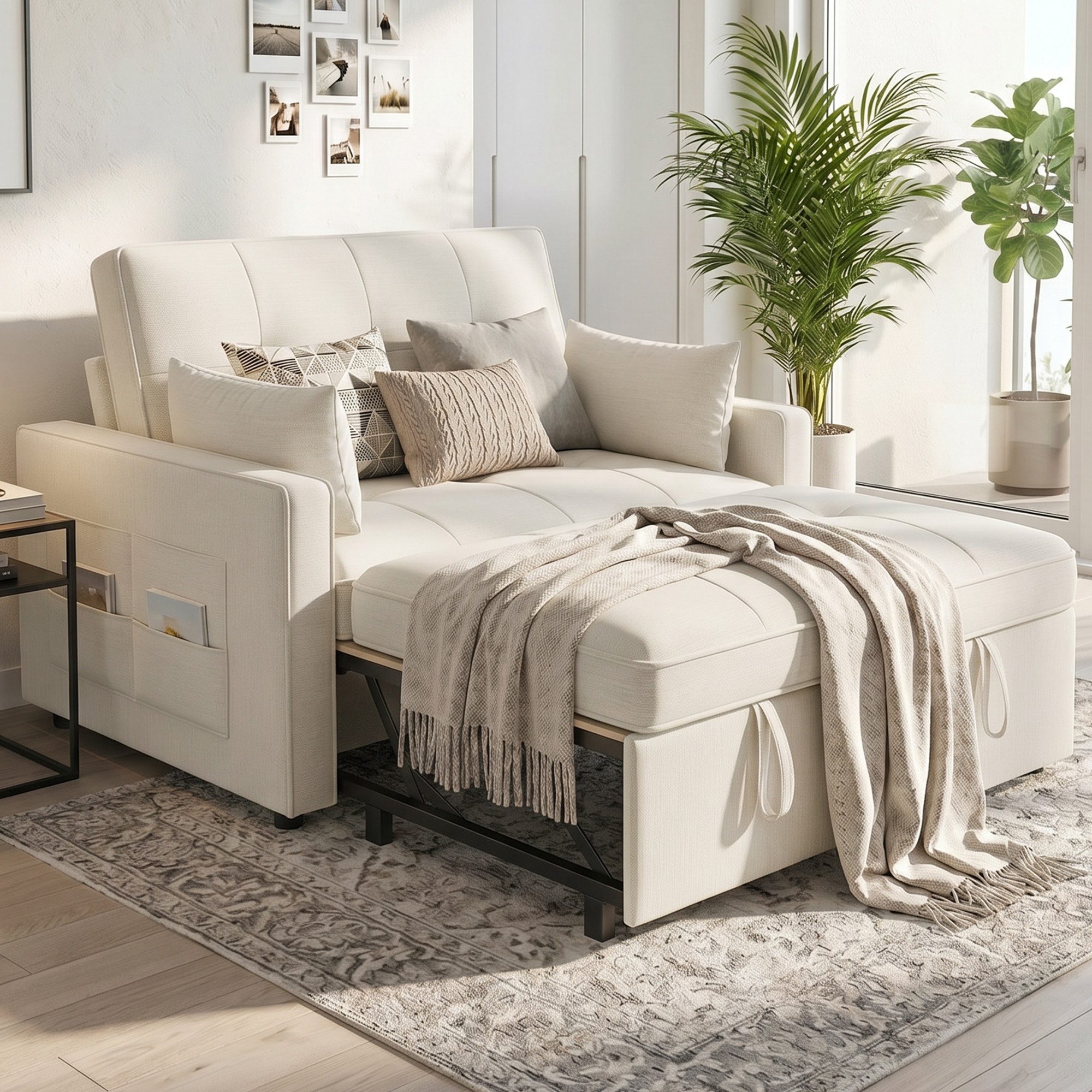 AMERLIFE Schlafsofa 3-in-1 Sofa, 5-stufig Verstellbar, mit Seitentaschen & Kissen, 122x93x94cm, 2er-Sofa mit Bettfunktion, 300kg tragbar