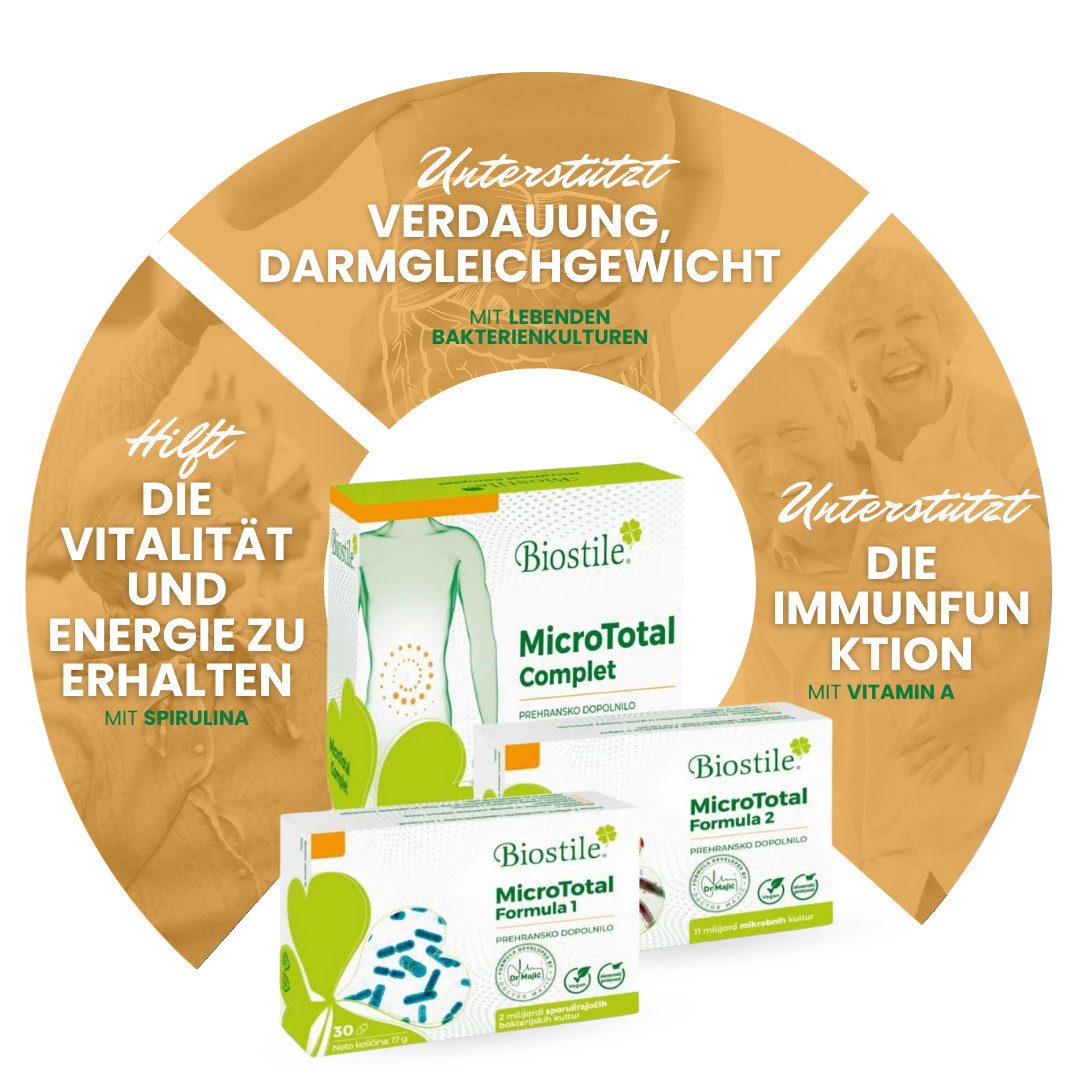 Biostile MicroTotal Complet mit 2 Formeln und 9 Bakterienstämmen - Kapseln, 34 g, Mit Inulin, Spirulina, Beta-Carotin und Vitamin A, 60 Kapseln