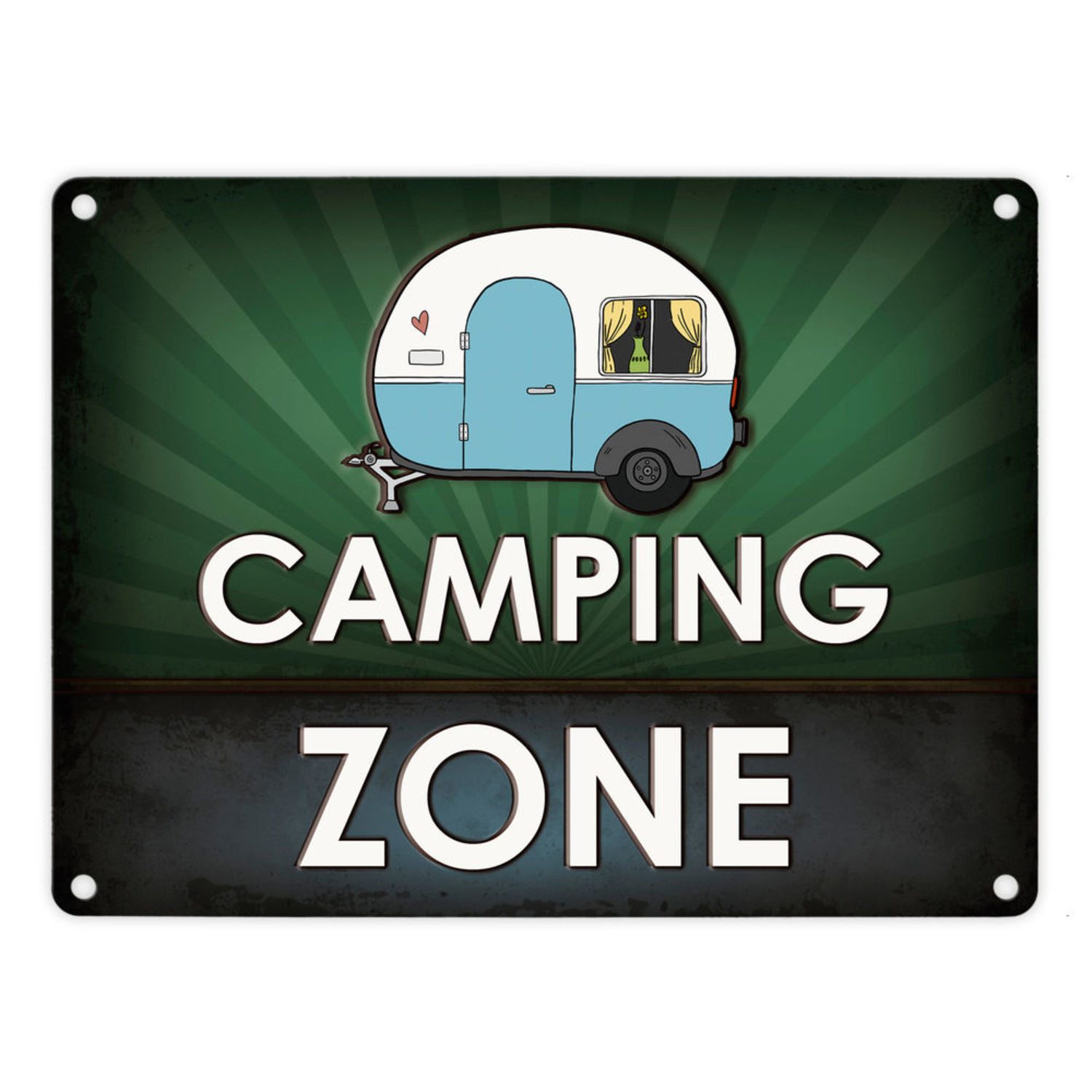 speecheese Metallschild Camping Zone Metallschild in grün mit Wohnwagen Motiv Wohnmobil