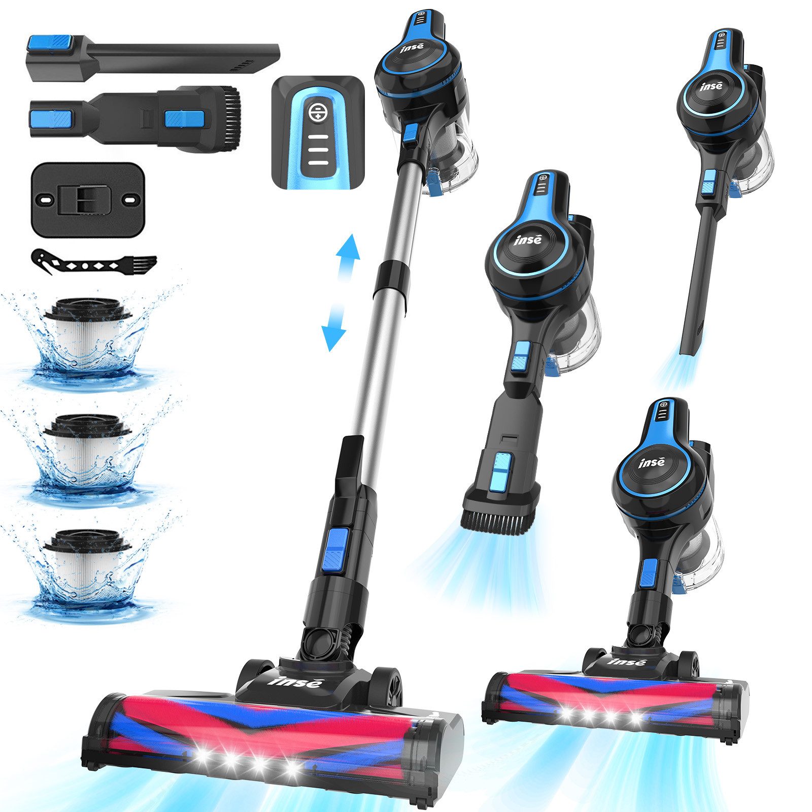 INSE Akku-Hand-und Stielstaubsauger Akku Staubsauger, Akkustaubsauger,Ultraeffizientes Filtrationssystem, Akku Staubsauger, Staubsauger Kabellos, 35KPa, 1,2L Große Staubbehälter, 55 Minuten