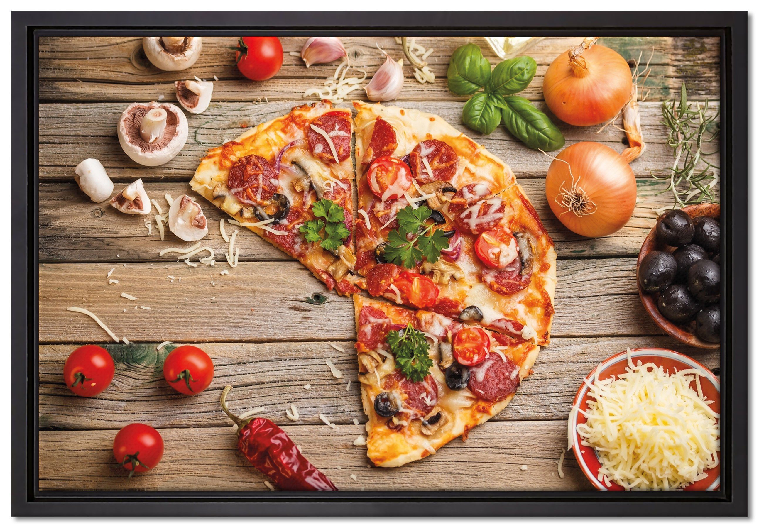 Pixxprint Leinwandbild Pizza Italia auf Holztisch, Wanddekoration (1 St), Leinwandbild fertig bespannt, in einem Schattenfugen-Bilderrahmen gefasst, inkl. Zackenaufhänger