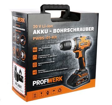 Profiwerk Akku-Bohrschrauber PWBS-01-Kit 20V, (2,0Ah Akku, Netzteil, Transportkoffer, Bit-& Bohrerset)