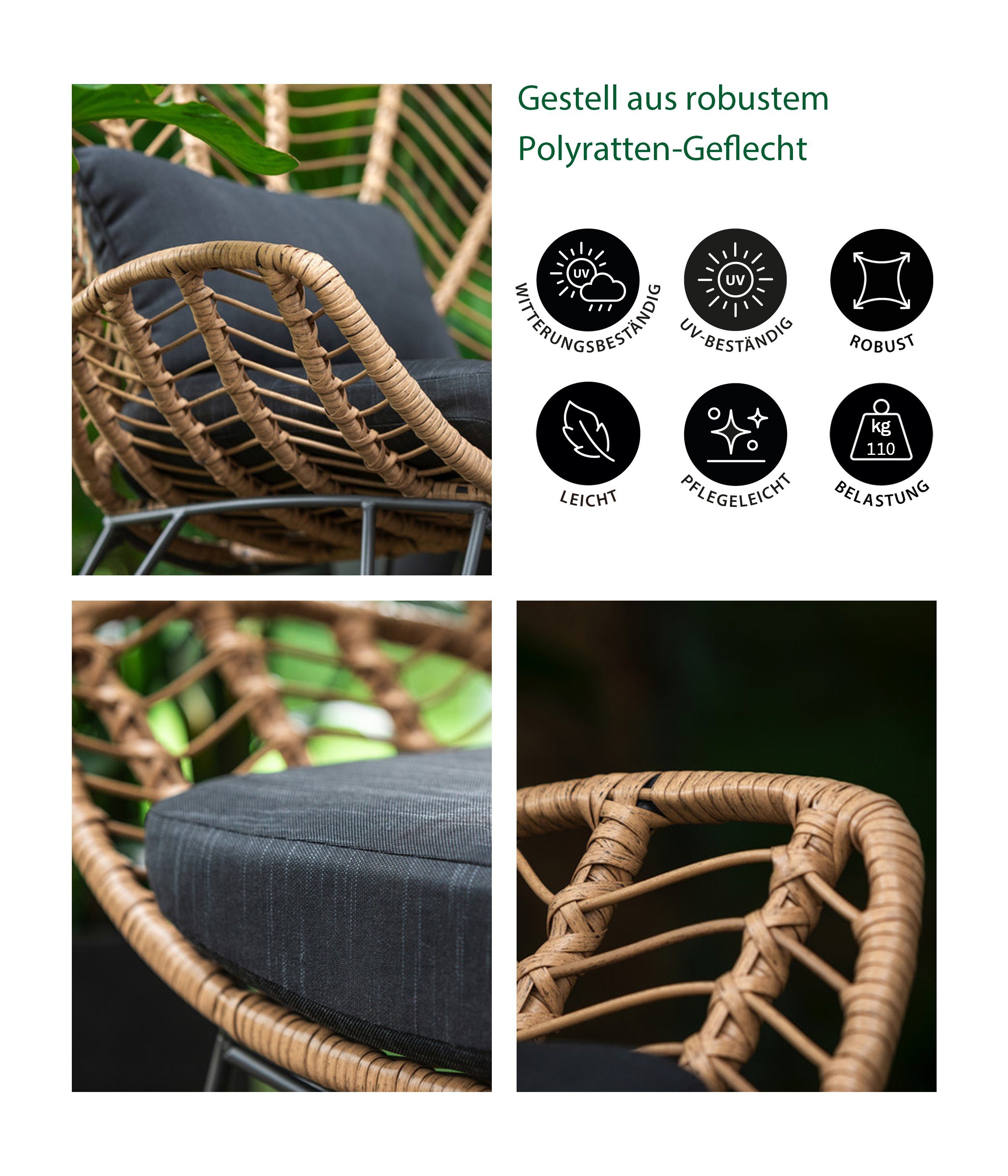 Dehner Gartenstuhl Korbsessel Venezia, 112 x 102 x 78 cm, Trendy Loungesessel in naturfarbener Geflechtoptik inkl. Stahlgestell