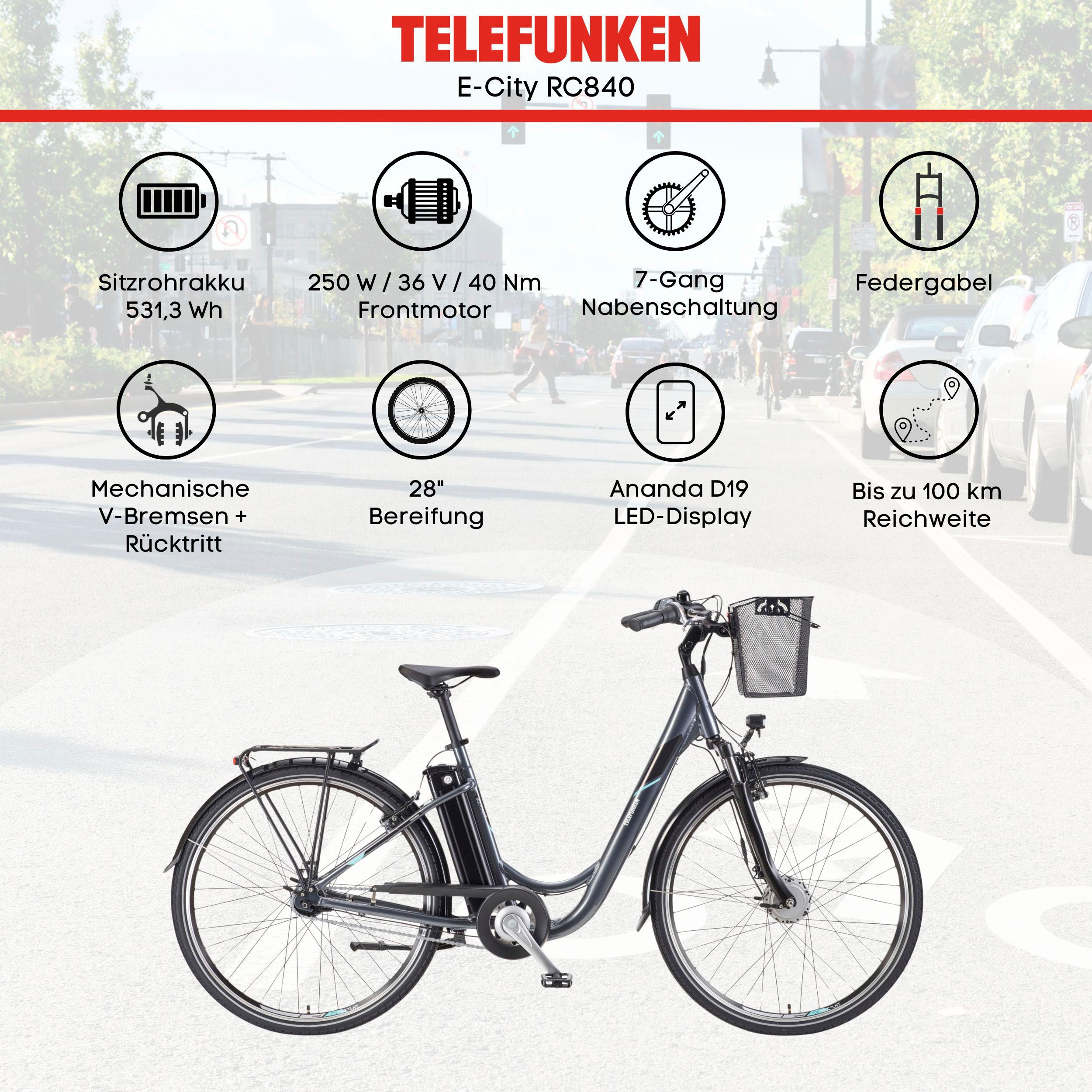 Telefunken E-Bike Cityrad Multitalent RC840, 7 Gang Shimano Nexus Schaltwerk, Frontmotor, 531,3 Wh, Pedelec, Elektrofahrrad für Damen u. Herren