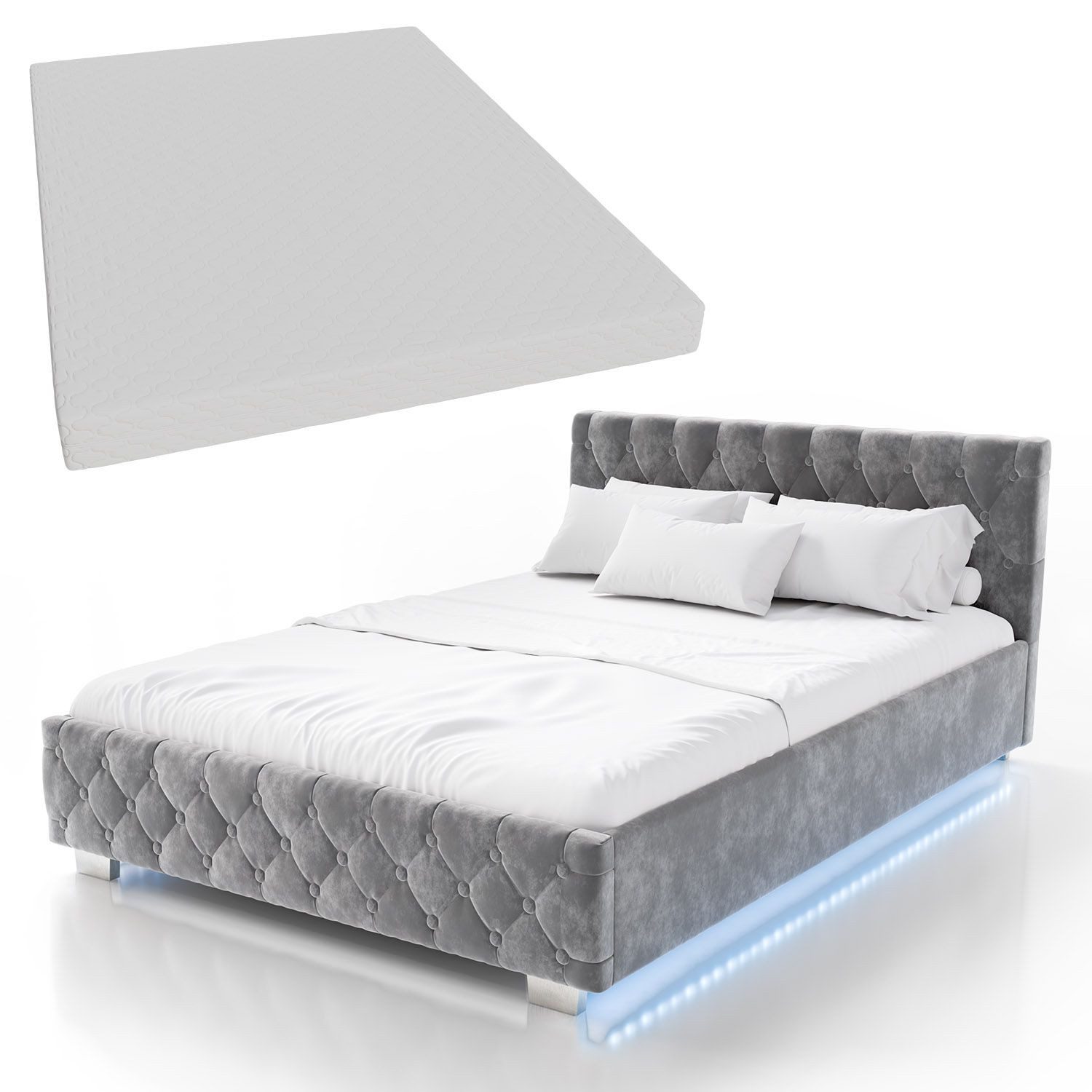Juskys Polsterbett Nizza, 140x200 cm, LED Licht, Stauraum, Samtbezug, inkl. Matratze