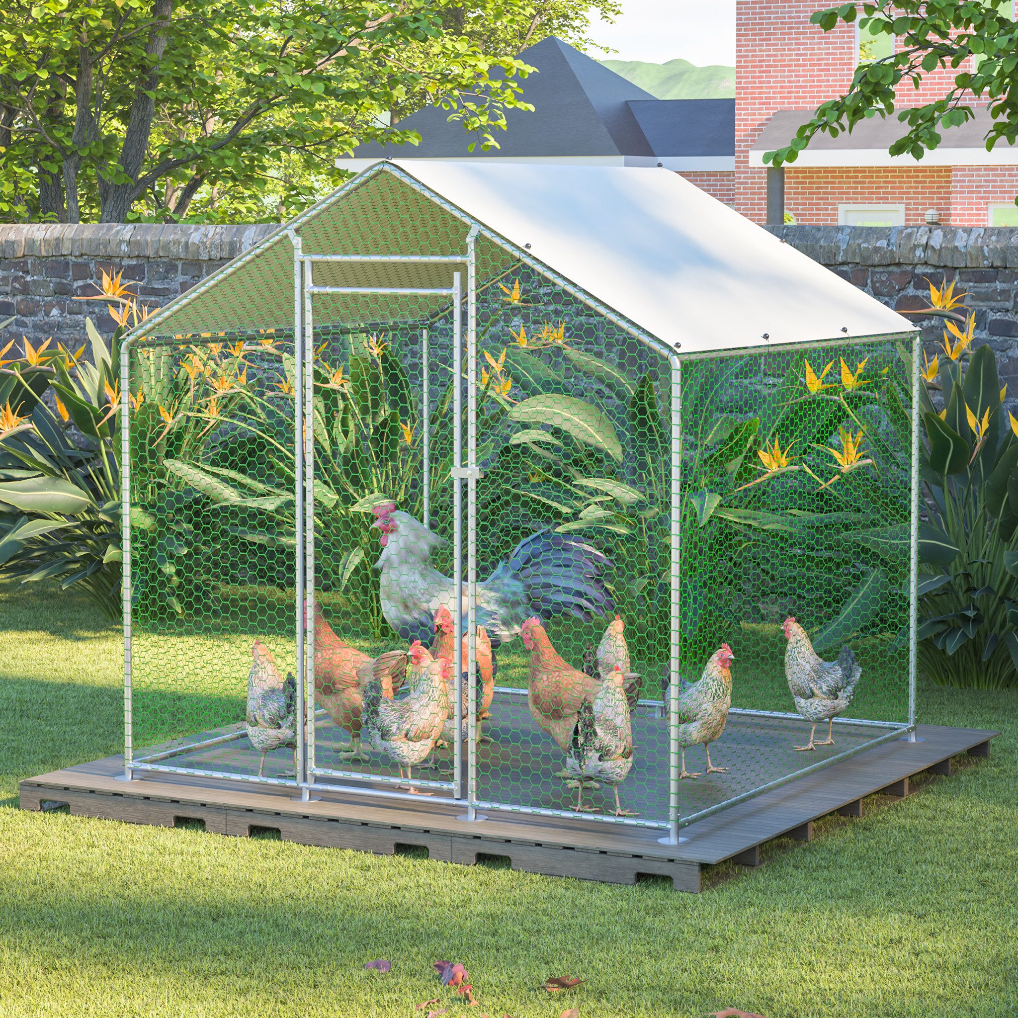 BlingBin Freigehege Freilaufgehege 2x2x2 m Silber, Hühnergehege aus verzinktem Stahl mit PE-Schutzdach und Tür