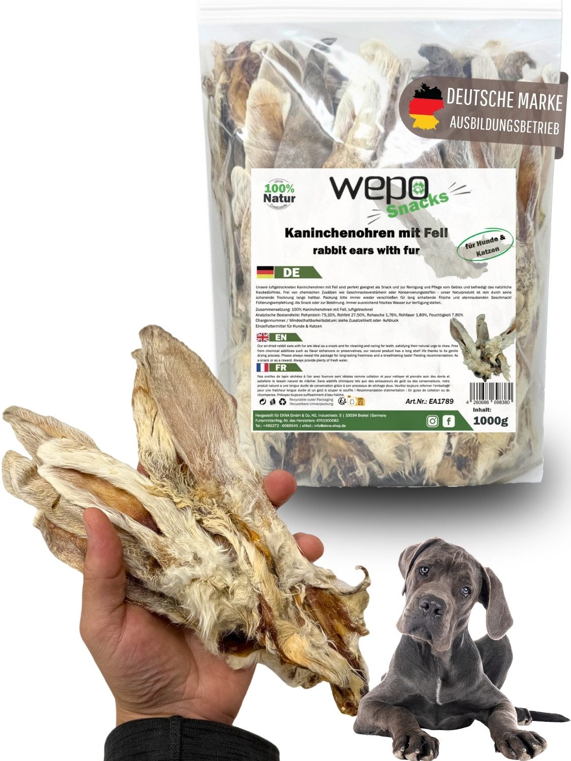 WEPO Kaninchenohren mit Fell - Hasenohren - Hunde Leckerli Kaninchen, BARF für: Hunde, Katzen, Premium BARF-Snack!