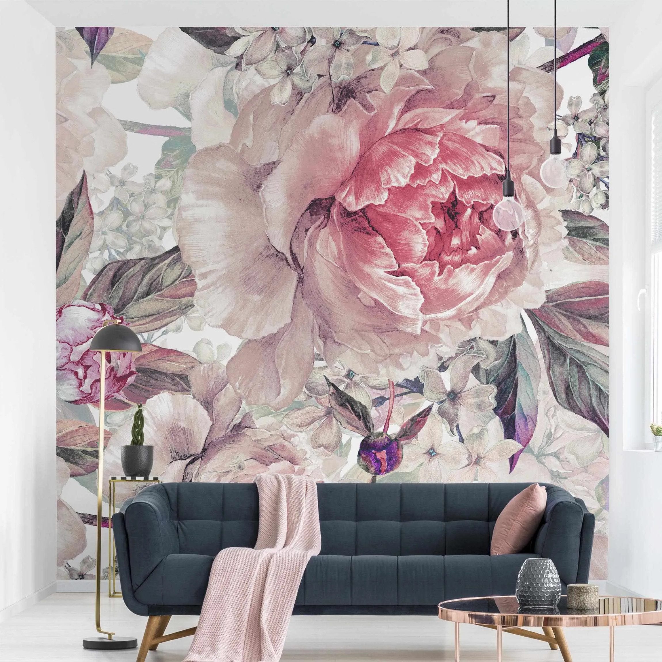 Bilderdepot24 Mustertapete Muster Zartes Aquarell Pfingstrosen Muster Blumen Pastell Wanddeko, Glatt, Matt, (Vliestapete inkl. Kleister oder selbstklebend), Wohnzimmer Schlafzimmer Küche Flur gemusterte Vliestapete Wandtapete