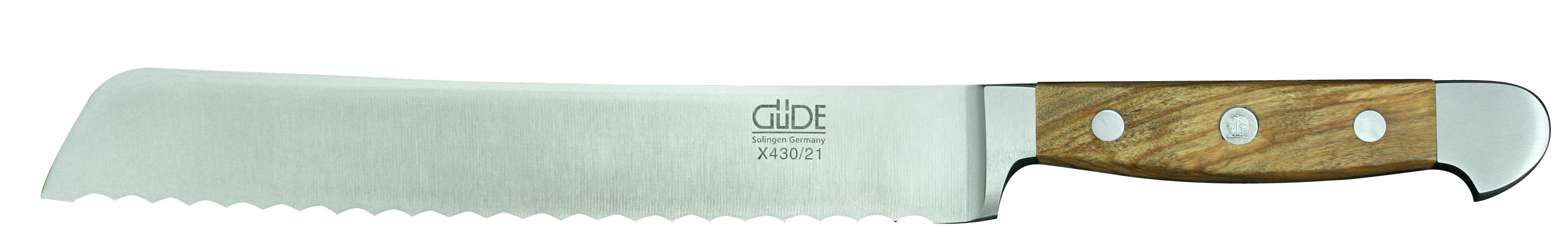 Güde Messer Solingen Brotmesser Alpha Olive, 21 cm - CVM-Messerstahl - Griffschalen Olivenholz