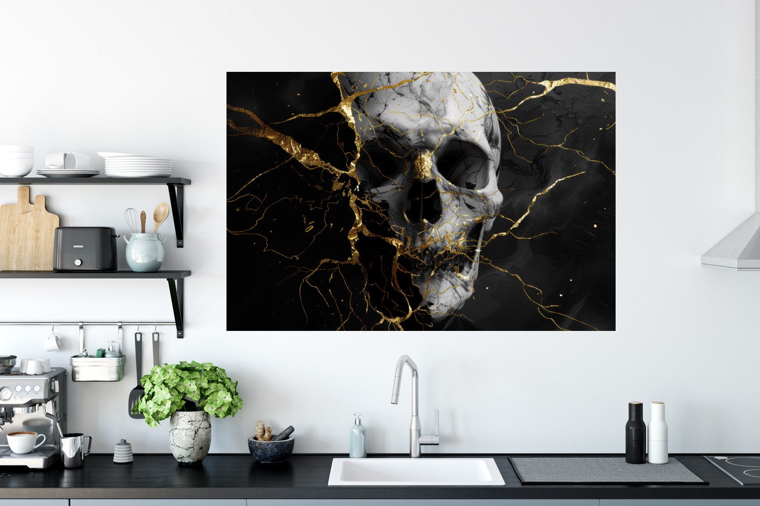 MuchoWow Wandsticker Gold - Abstrakt - Totenkopf - Gruselig - Tod (1 St), Wanddeko, Aufkleber, Wandtattoo, 120x80 cm