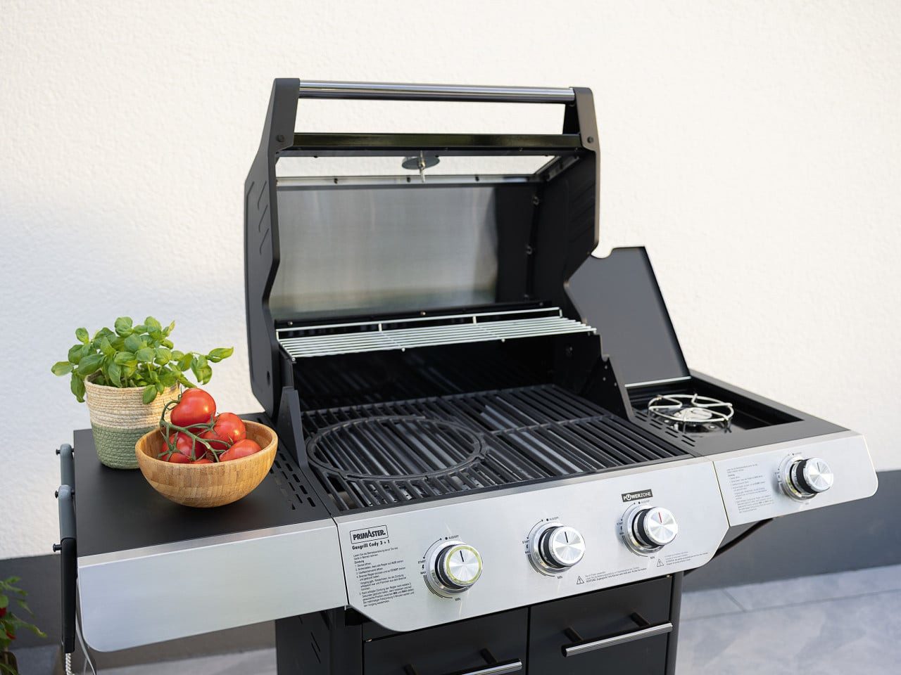 Primaster Gasgrill Primaster Gasgrill Cody Powerzone & Seitenbrenner, Deckelthermometer Heckbrenner mit Rollen Seitenbrenner