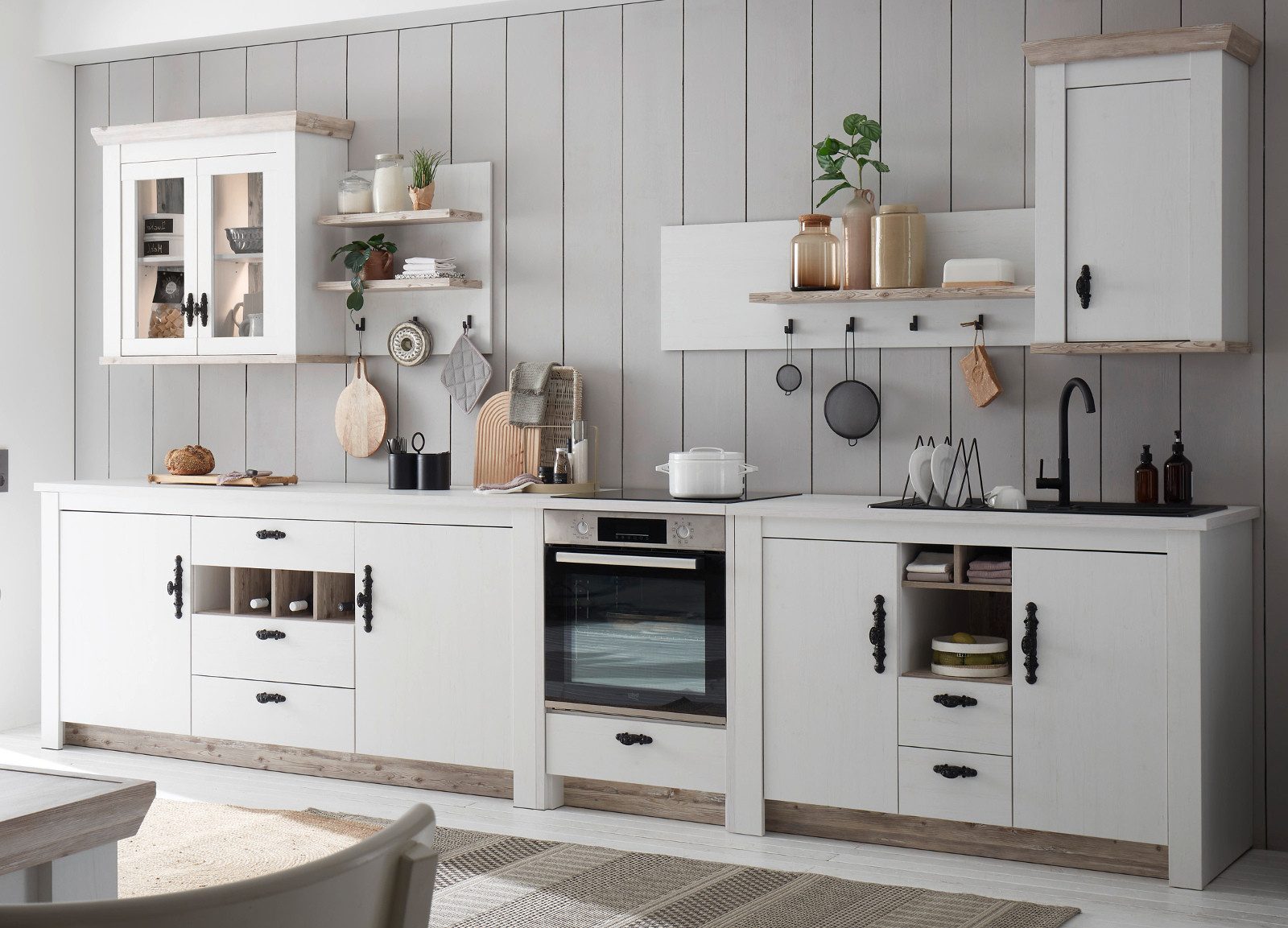 Furn.Design Кухніzeile Rovola, (Schrank-Set 7-tlg. Pinie weiß Landhaus), verschiedene Stellvarianten, Soft-Close-Funktion
