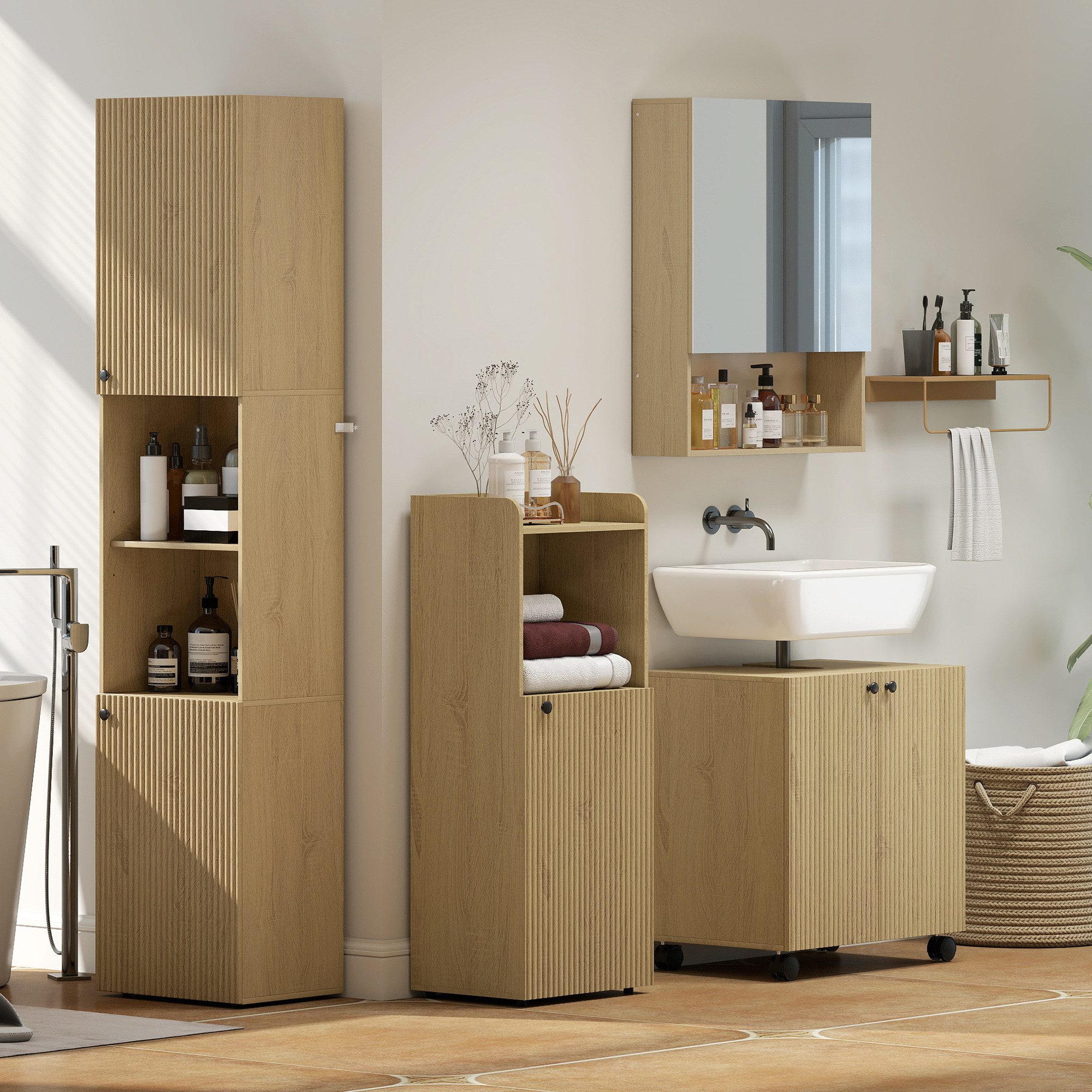 HOMCOM Badmöbel-Set Verstellbare Einlegeböden, (Komplett-Set, 4-St., 4-teiliges Badmöbel-Set), Soft-Close, nordisches Design, Kippschutz