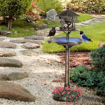 Outsunny Vogeltränke Vogelbad, 113 cm Höhe Vogelbecken mit Blumenkübel, Vogelfutterspender, Wildvogeltränke für Garten, Balkon, Gold