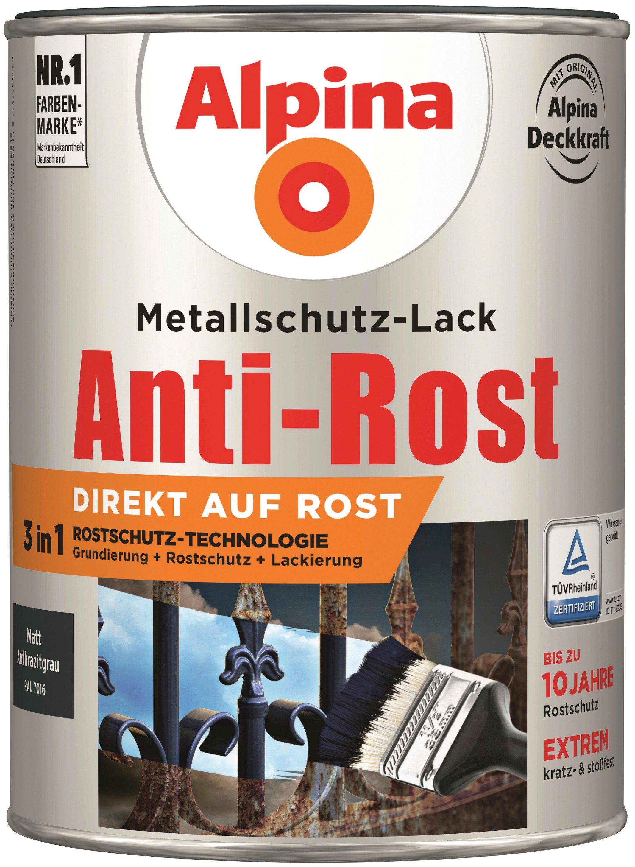 Alpina Metallschutzlack Anti-Rost, matt, 2,5 Liter für ca. 14 m² bei 2 Anstrichen Anthrazitgrau