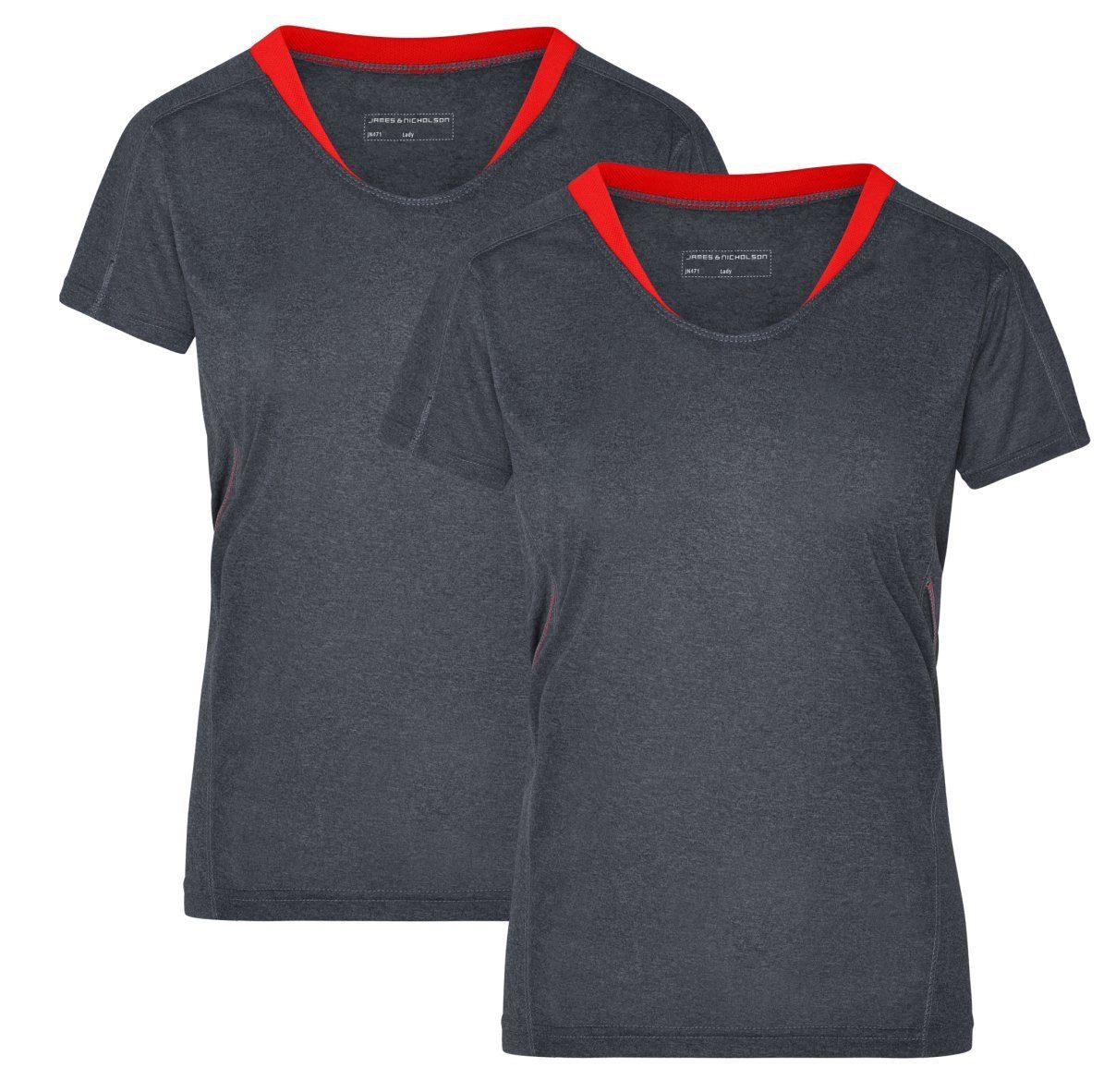 2 Doppelpack Feuchtigkeitsregulierend Laufshirt black-melange/tomato Stück) Kurzarm Laufshirt T-Shirt & James (Doppelpack, und Nicholson Running Damen Atmungsaktiv JN471