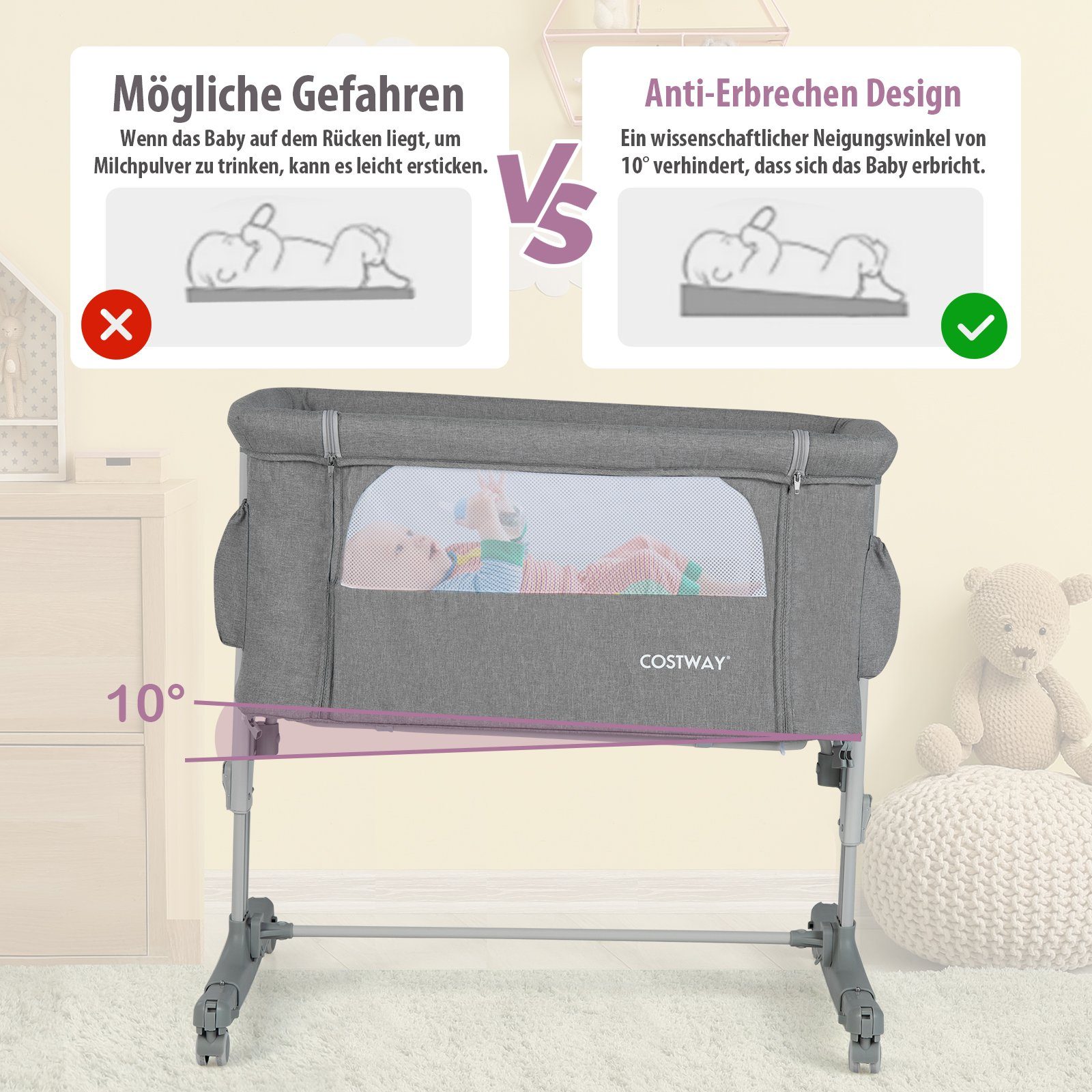 COSTWAY Beistellbett 3 in 1 Reisebett, 5-stufig höhenverstellbar,Matratze