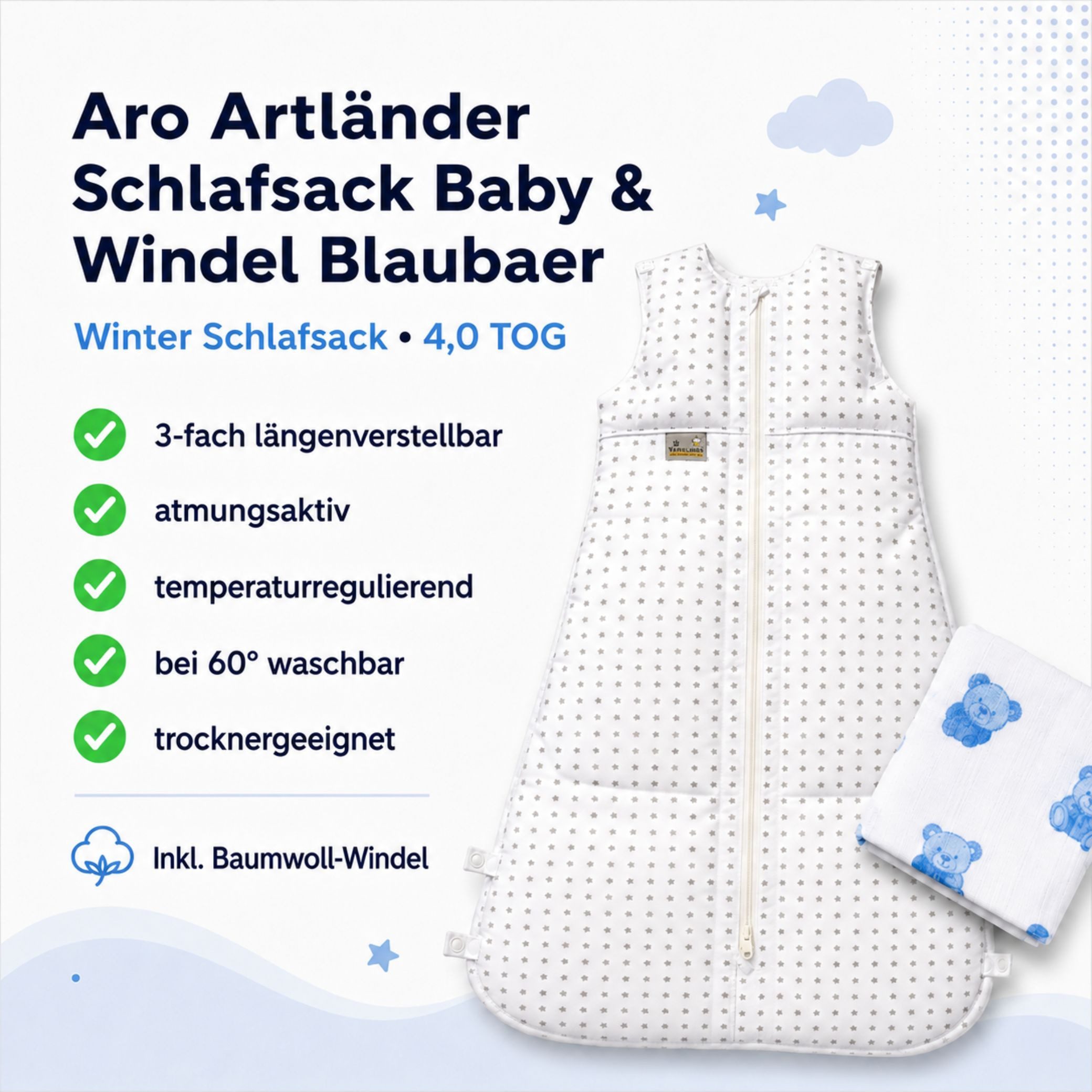 Kinderhaus Blaubaer Babyschlafsack Daunenschlafsack TOP, 3-fach längenverstellbar mit Premiumdaunen luftig leicht atmungsaktiv – Bild 3 von 5