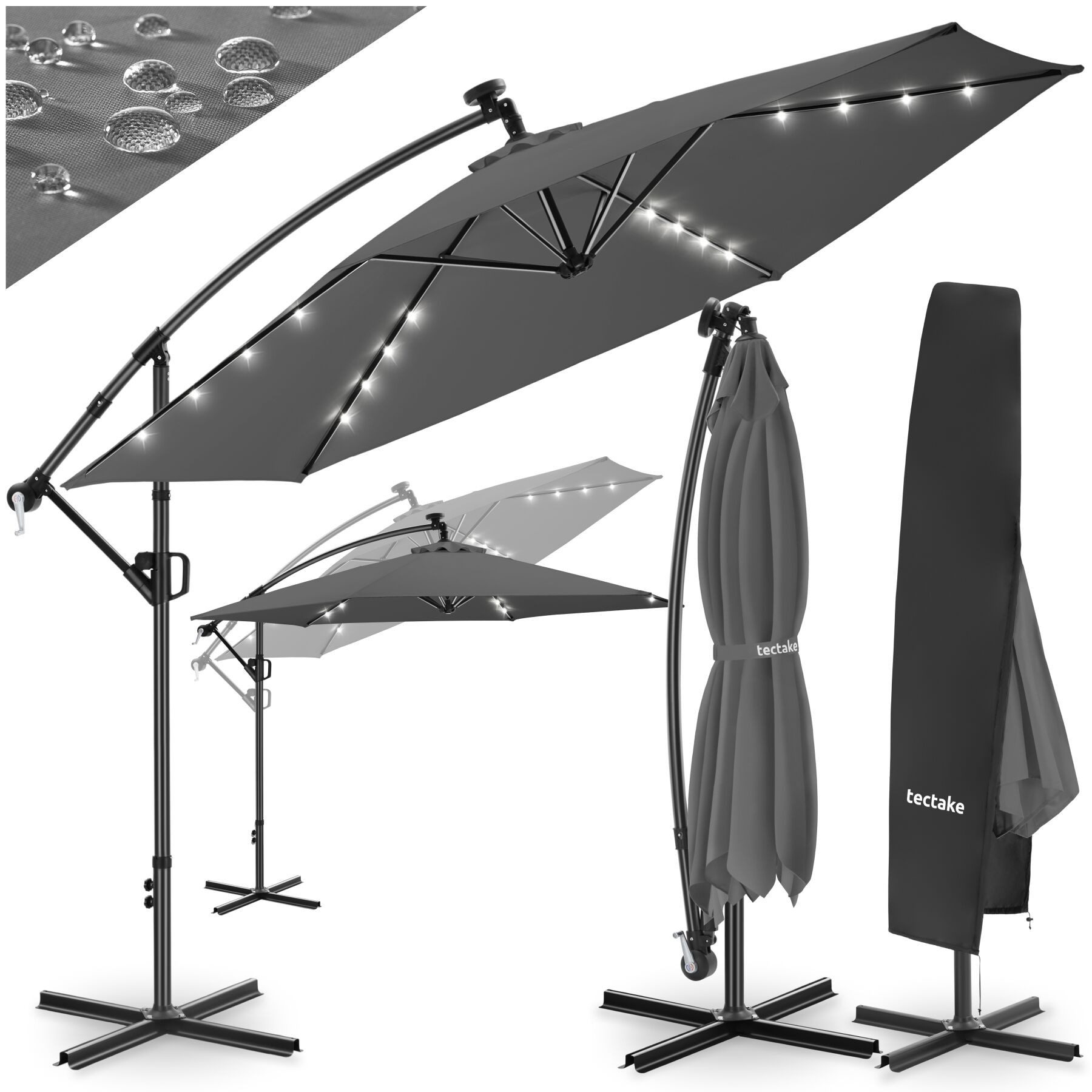 tectake Ampelschirm Sonnenschirm mit Doppeldach und LED Solar-Beleuchtung, 3,5 x 3,5 m, Balkonschirm Artemis, für Außen in Grau, 360° drehbar, wasserabweisend, neigbar, Kurbel, inkl. Schutzhülle