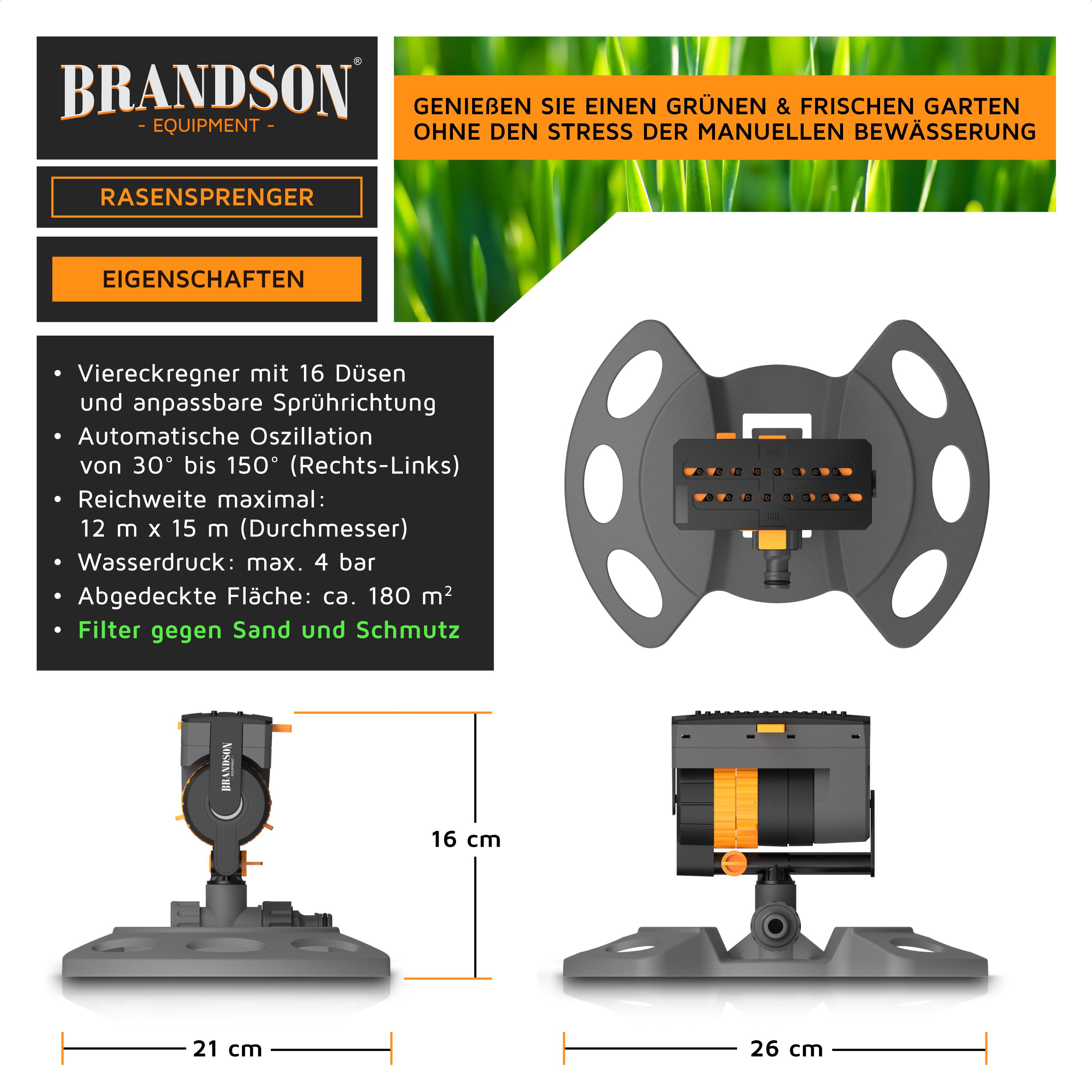 Brandson Viereckregner Garten Sprinkler, Rasensprenger rotierend, Oszillationsregner 16 Düsen, für Flächen bis 180 m², (1-St), Wasserstrahl stufenlos einstellbar, ¾“ Rasensprinkler für große Fläche