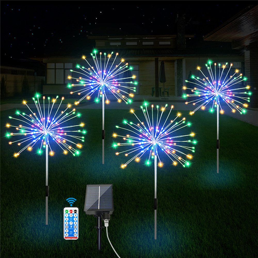 LMaxhome LED Solarleuchte Feuerwerk Lichterkette Wasserdicht Starburst Weihnachten Beleuchtung, Ein Solarpanel 4er Pack, Dimmbar, Timer, 8 Modi, 120 LED Dekolicht, mit Fernbedienung, Solarlichter für Garten Balkon Terrasse Weihnachten