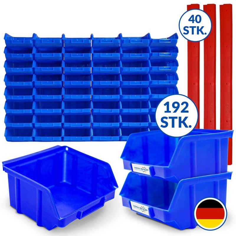 HMH Stapelbox 48/96/192 blaue Stapelboxen Größe 1 Sichtlagerkästen + Wandschienen, Stapelbar, Wandmontage, Beschriftungs-Fach