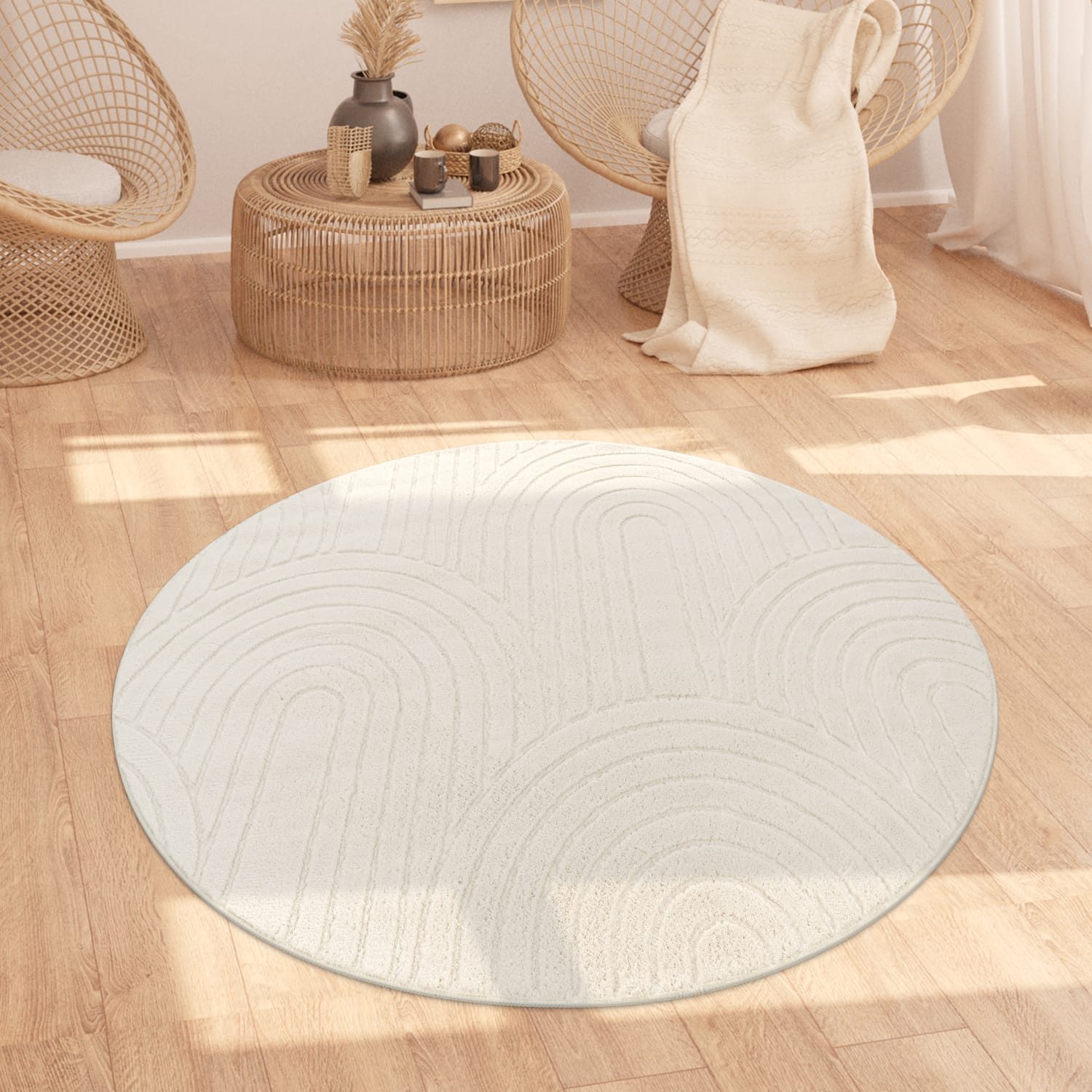 KADIMA DESIGN Teppich waschbar Struktur Wohnzimmer schmutzabweisend Teppich Kurzflor, Rund, Höhe: 16 mm, Florhöhe: 12 mm, Polyester, Rund, 120D, Creme