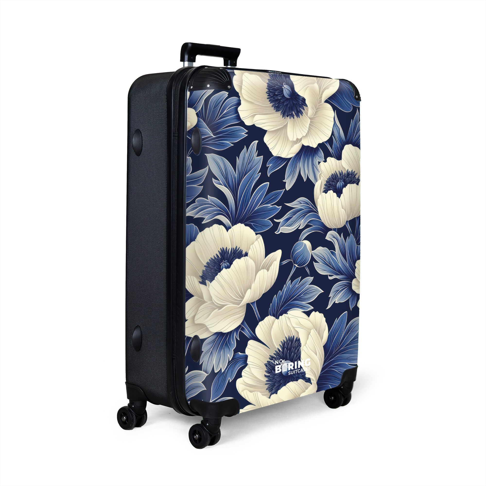 NoBoringSuitcases.com© Hartschalen-Trolley Dunkelblau mit weißen Blüten günstig online kaufen