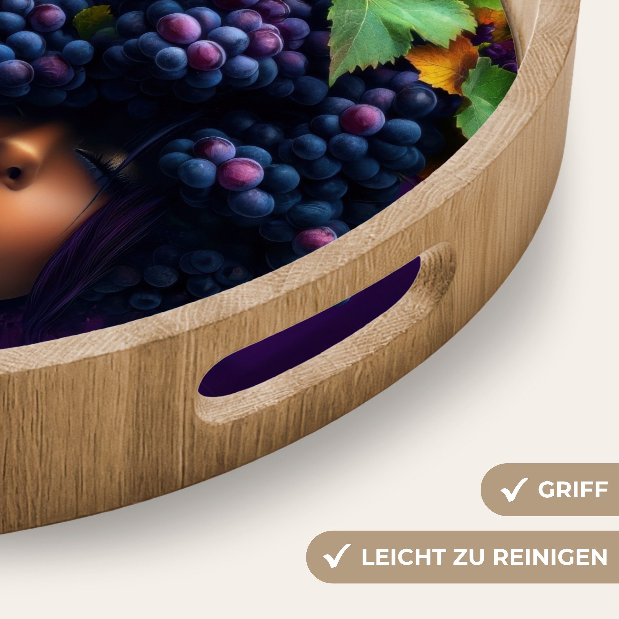 OnlyWow Tablett Rund mit Henkel Frau - Lila - Weintrauben, Eichenholz, (1-tlg), Siervierplatte, Tray, Frühstücksbrett