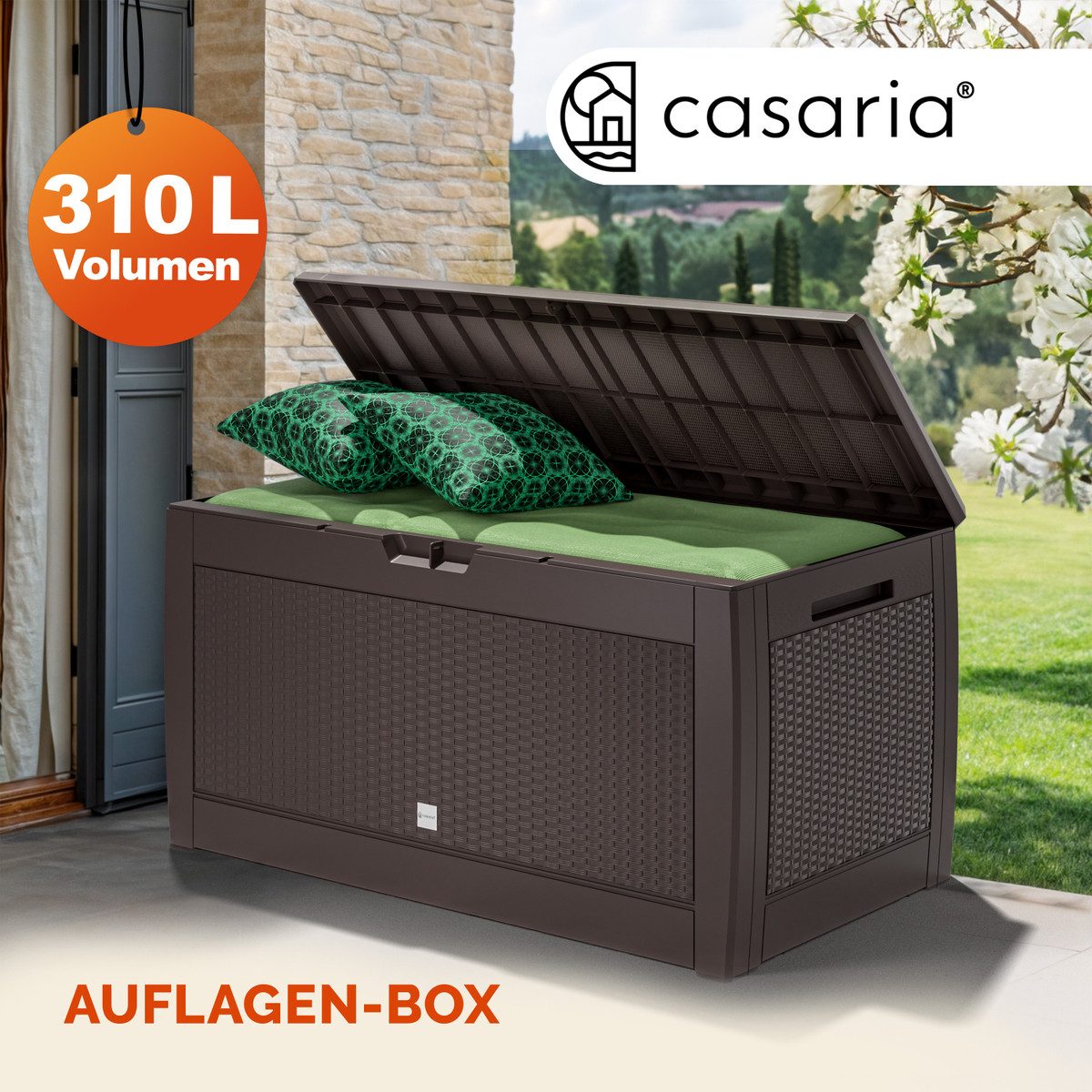Casaria Auflagenbox Rato, UV-beständig 310L Haltegriffe Balkon Wohnzimmer Rattan-Optik Braun