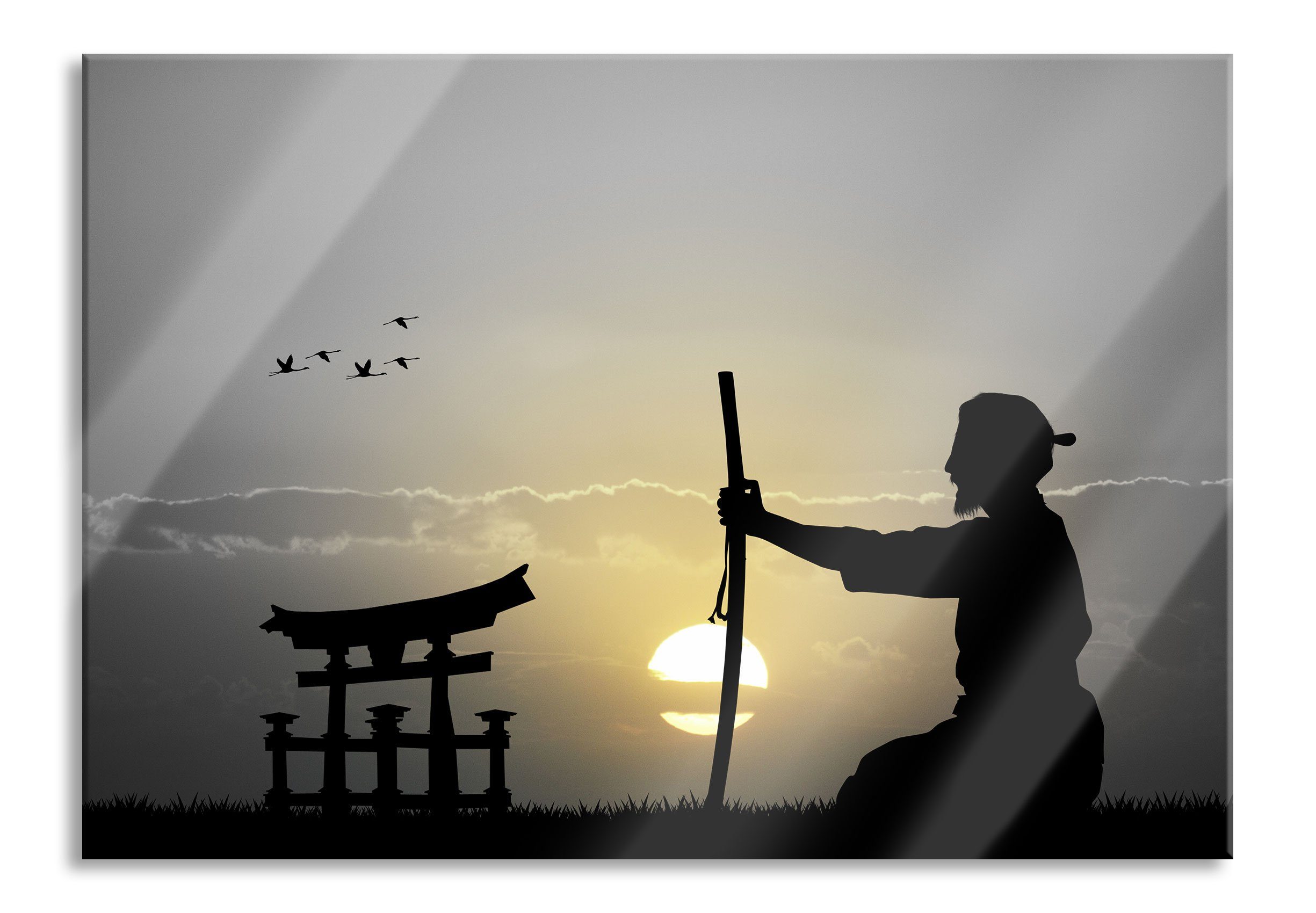 Pixxprint Glasbild Samurai-Meister vor Horizont, Samurai-Meister vor Horizont (1 St), Glasbild aus Echtglas, inkl. Aufhängungen und Abstandshalter