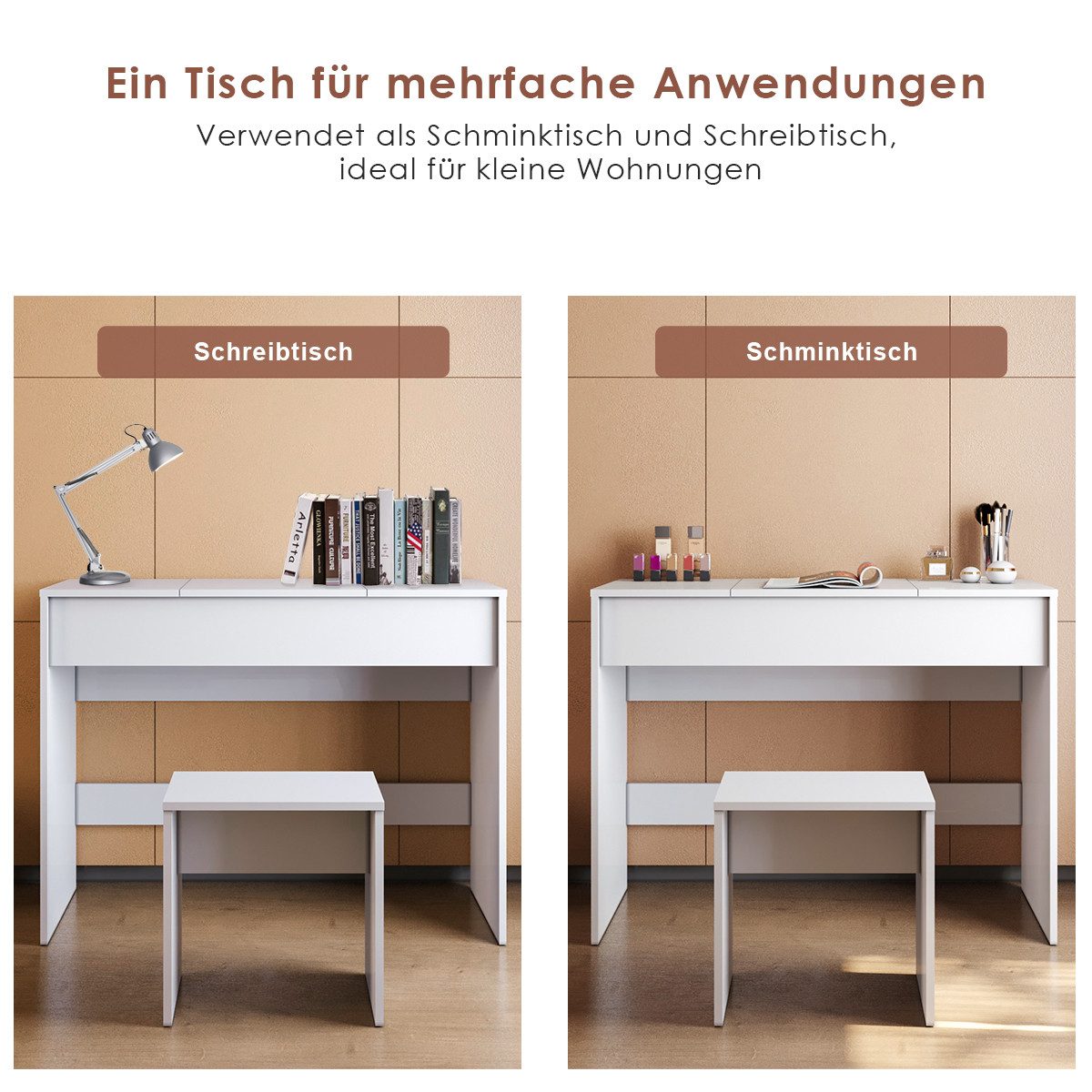SONNI Schminktisch Schminktisch Kosmetiktisch Frisierkommode mit Hocker und klappbar, weiß, Frisiertisch mit Spiegel – Bild 4 von 5