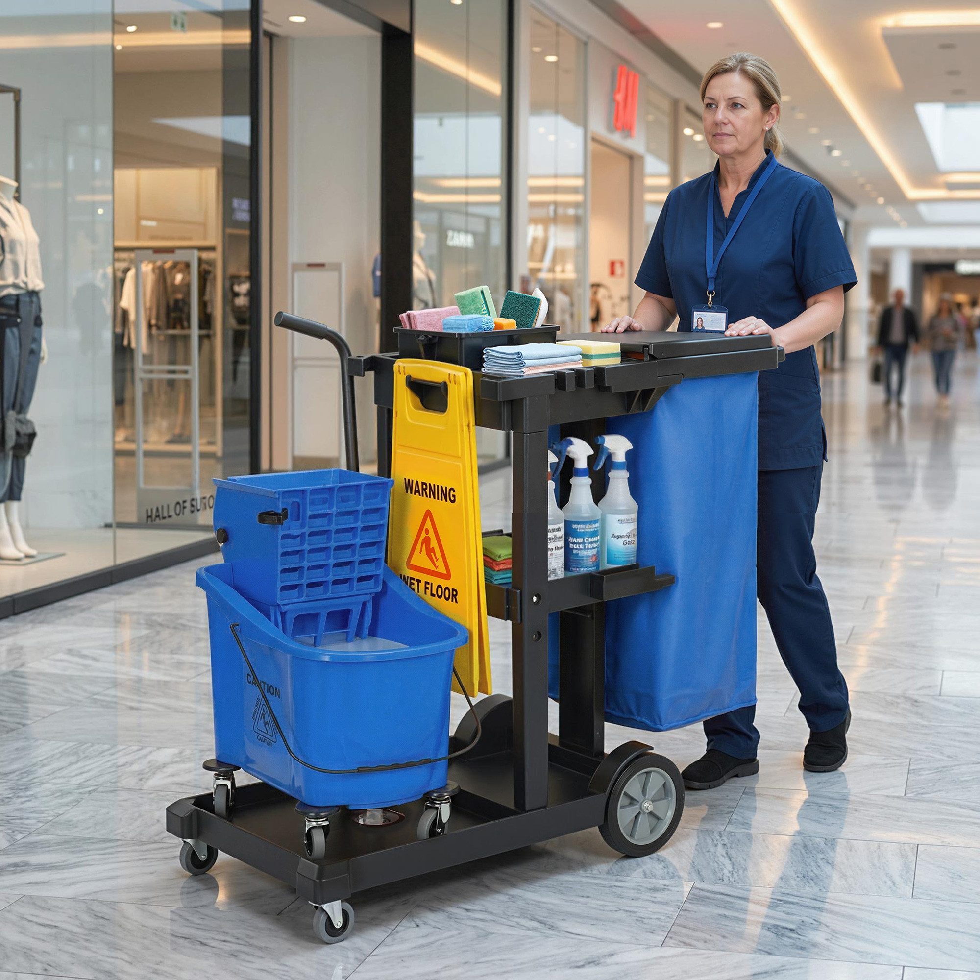 HOMCOM Putzeimer mit 3 Ebenen, (Wischwagen, 1-tlg., Reinigungswagen mit Wischeimer und Müllsack), für Hotel, Einkaufszentren, Büro 122x46,5x101 cm
