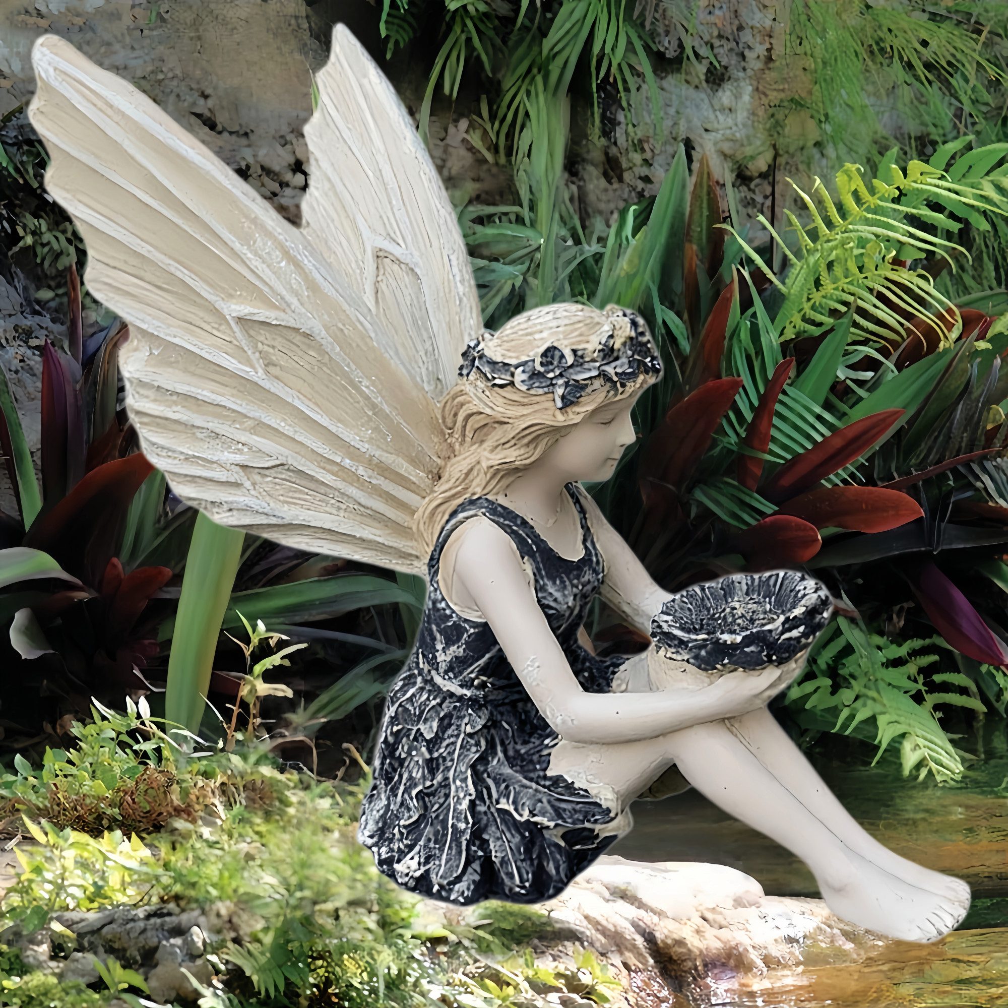 FOUORTUNATE-BEE Gartenfigur Gartenfigur Mädchen sitzend Vogeltränke Deko Skulptur Resin, Deko Gartenfigur sitzendes Mädchen Vogeltränke für Garten Balkon
