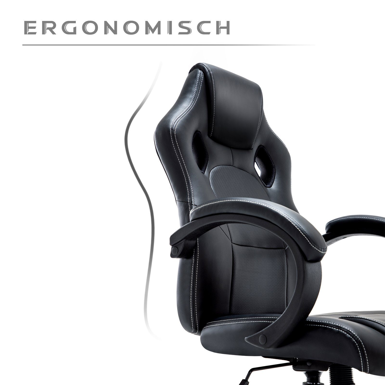Chair Rücken Gaming höhenverstellbar, schwarz WM Kunstleder, hoch Intimate Heart Ergonomisch, Racing-Chair,