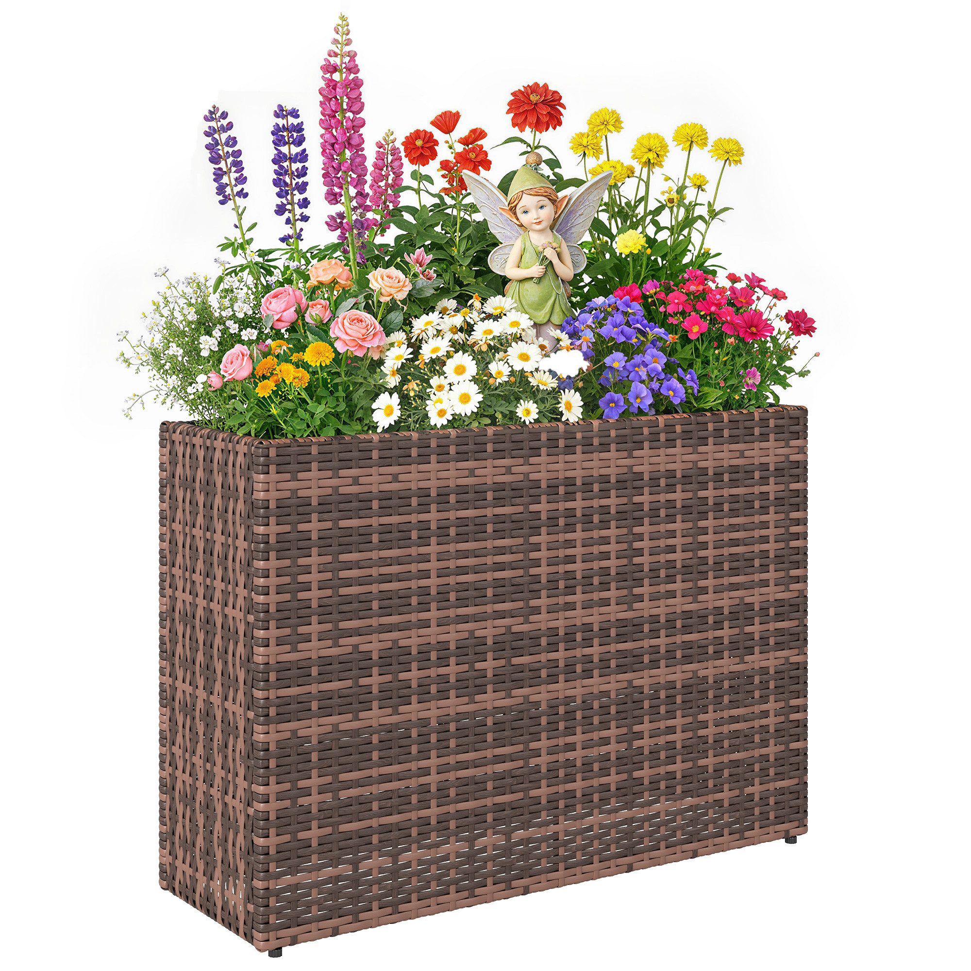 Outsunny Blumenkasten Pflanzkasten mit herausnehmbarem Einsatz (Pflanzkübel, 1 St., Pflanzkasten), PE-Rattan, Stahlrahmen, Drainagelöcher