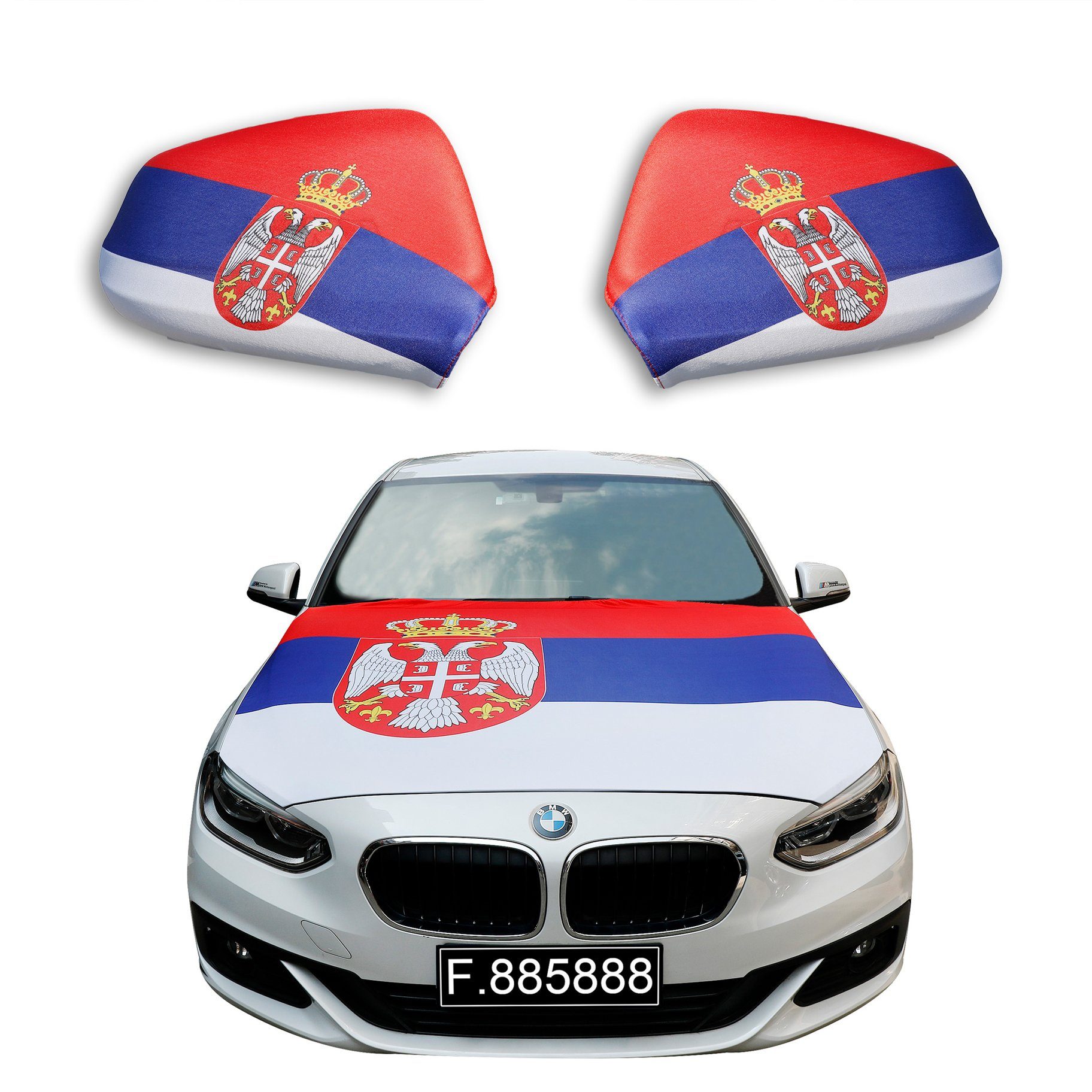 Sonia Originelli Fahne Fanset "Serbien" Serbia Fußball Motorhaube Außenspiegel Flagge, für alle gängigen PKW Modelle, Motorhauben Flagge: ca. 115 x 150cm