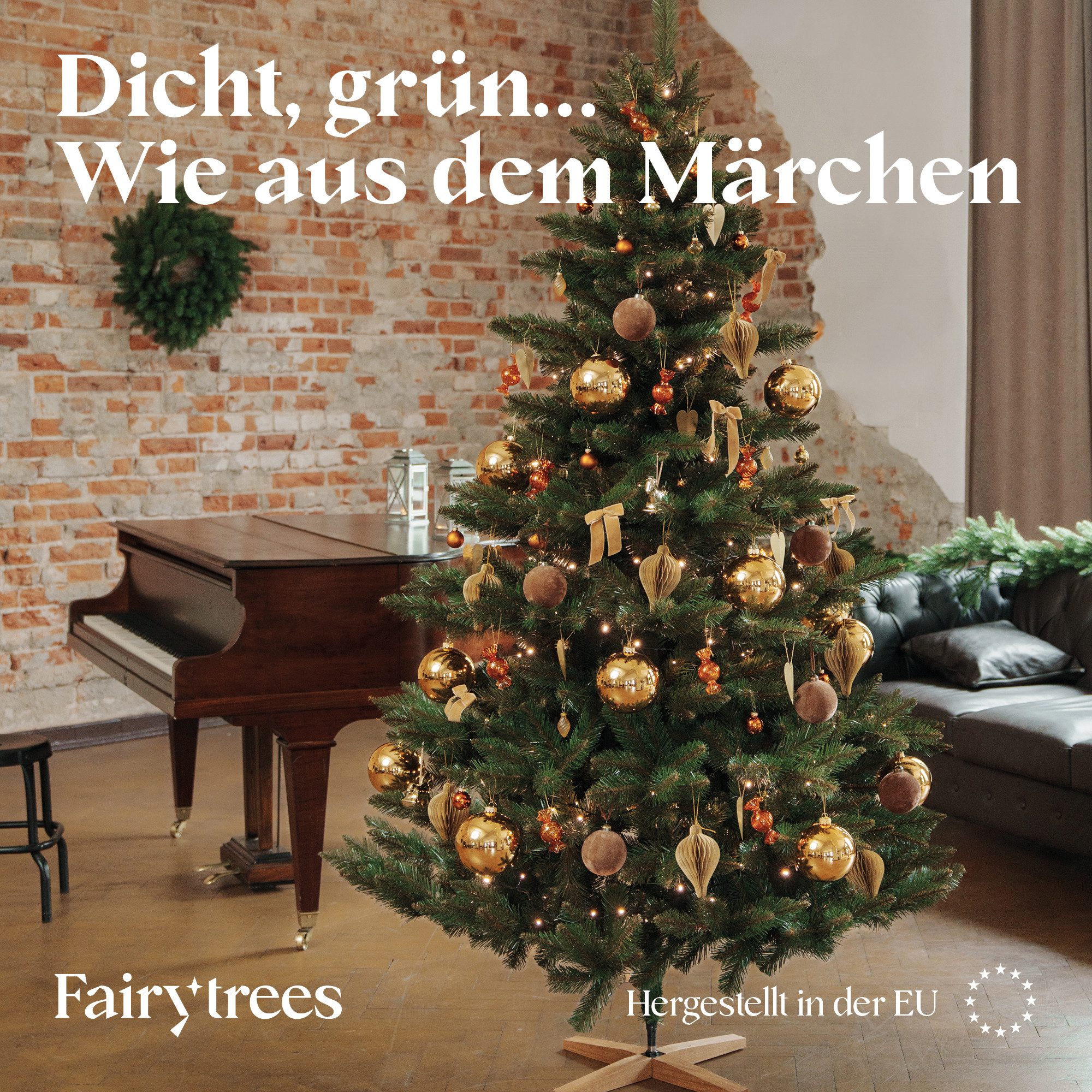 Fairytrees Künstlicher Weihnachtsbaum FT14, Nordmanntanne, grüner Stamm, mit Echtholz Baumständer