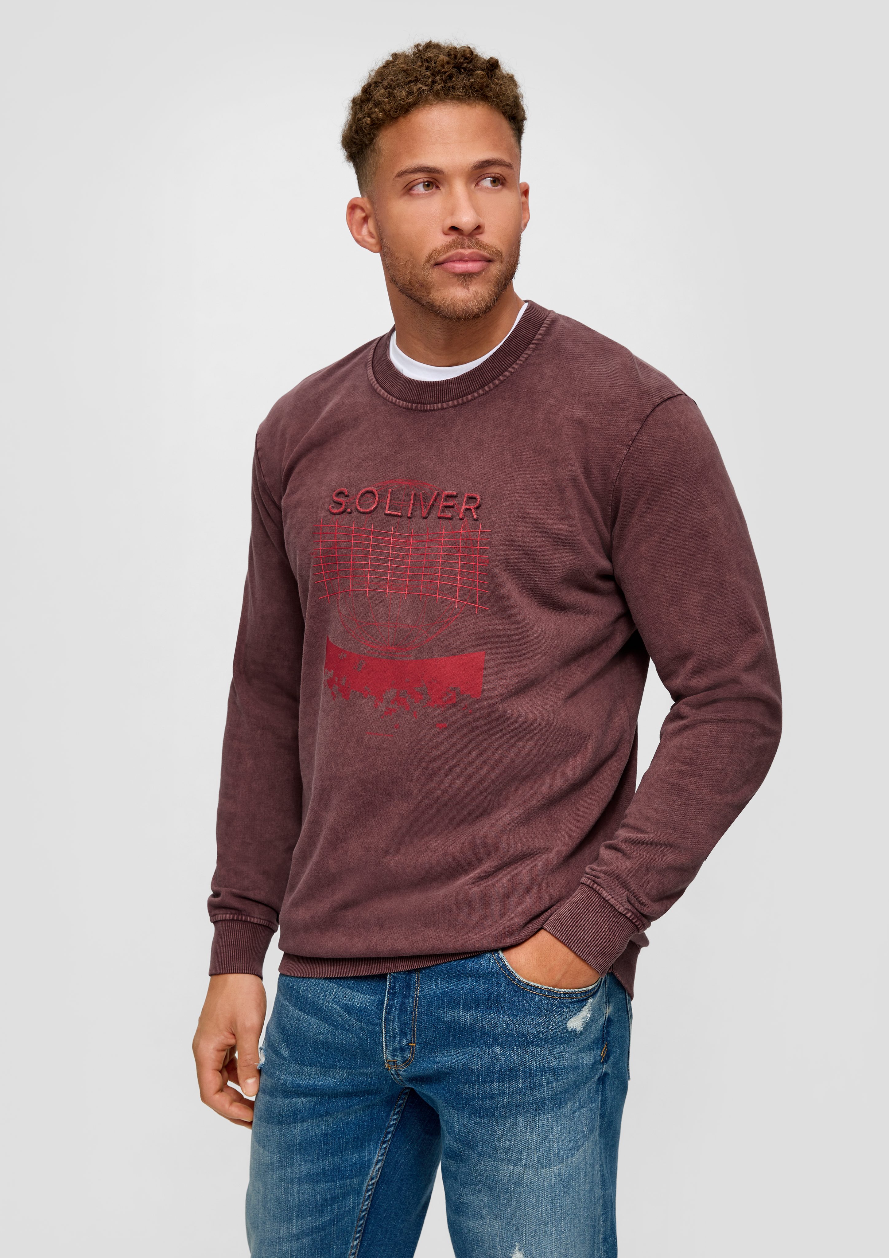 s.Oliver Sweatshirt lange mit mit Ärmel Sweatshirt hat Ärmel Front-Print, Rippbündchen