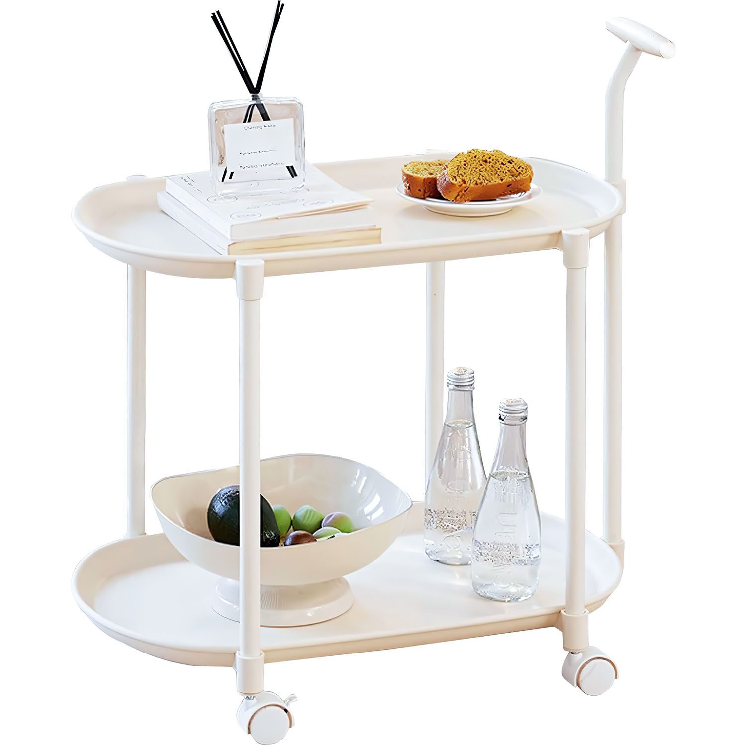 HEYHIPPO Beistelltisch Beistelltisch mit Rollen, 2 Ebenen, Weiß, mobiler Sofatisch Kunststoff (Mobiler Beistelltisch mit Griff, ideal für kleine Räume, Sofa & Büro), Wohnzimmer-Couchtisch, platzsparend 0,13 Quadratmeter, 60×66×41 cm