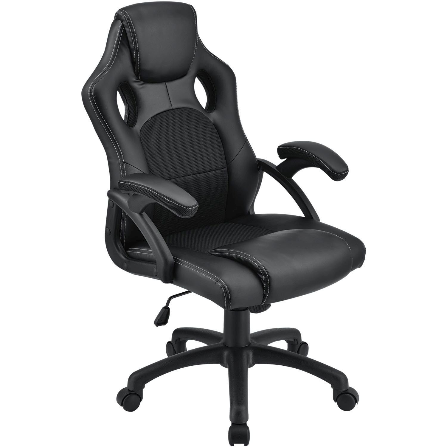 Juskys Gaming-Stuhl Montreal, Ergonomisch geformte Sitzfläche, Rückenlehne und Sitzfläche kippbar Schwarz