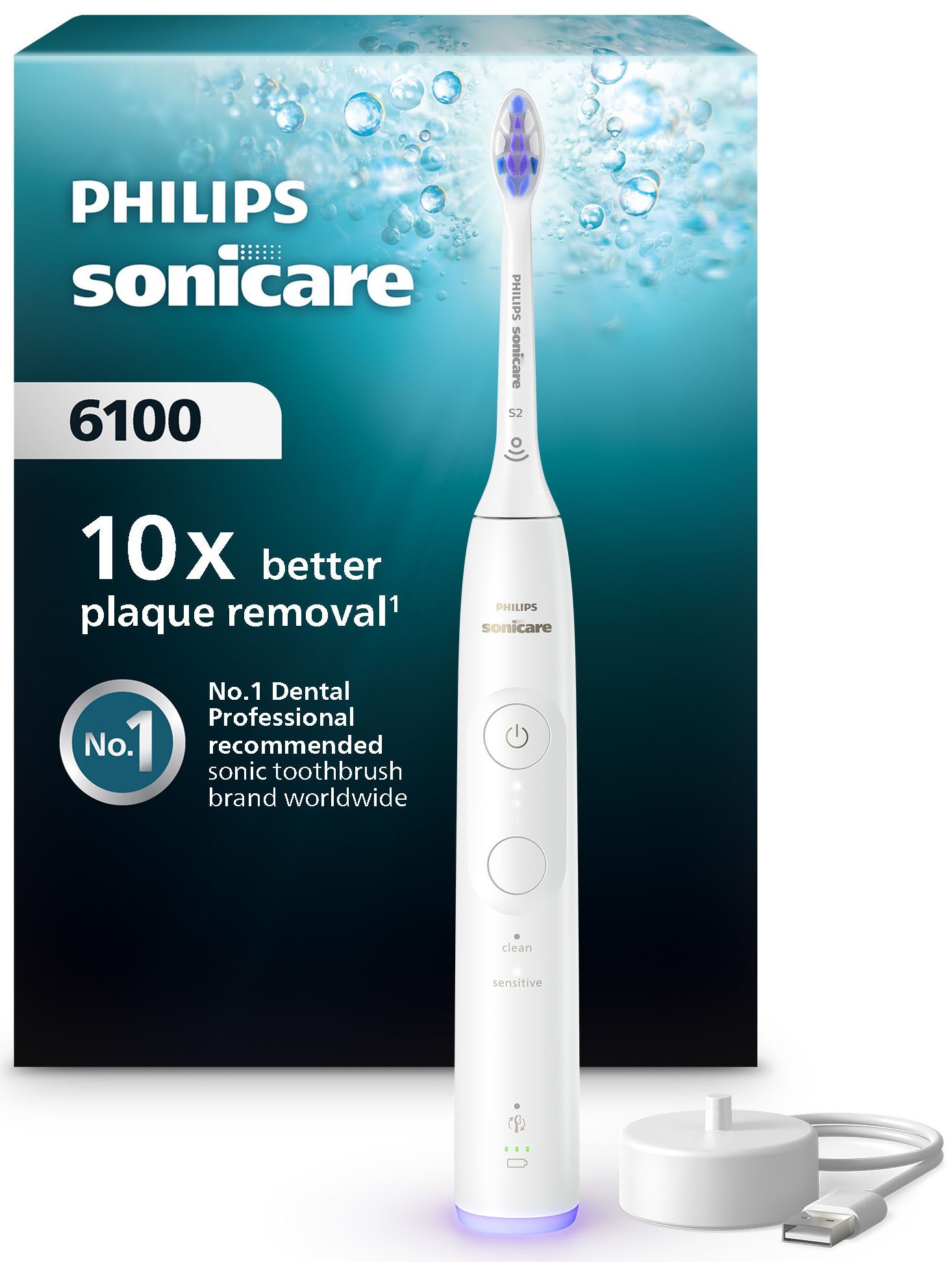 Philips Sonicare Elektrische Zahnbürste Series 6100 HX7400/01, Aufsteckbürsten: 1 St., mit visueller Andruckkontrolle, 5 Putzeinstellungen, inkl. Ladegerät