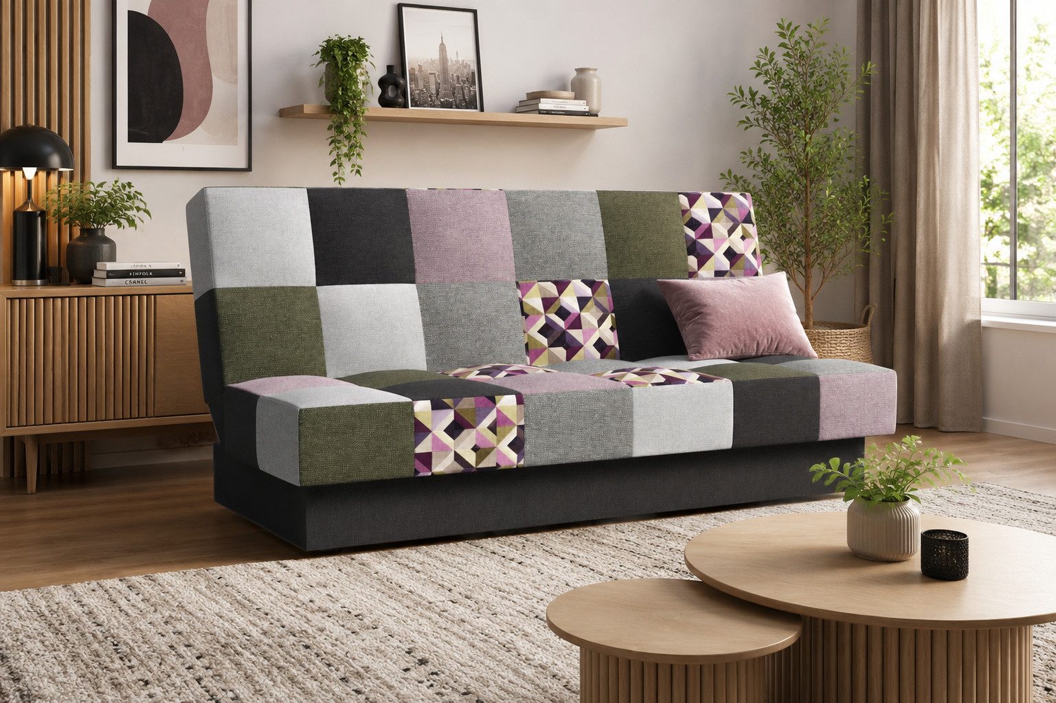MOEBLO Schlafsofa CYPRUS Patchwork, – Sofa Kippsofa Klappsofa Click-Clack Couch für Wohnzimmer Federkern Sofagarnitur Polstersofa, mit Bettkasten und Schlaffunktion (BxHxT): 192x85x92 cm