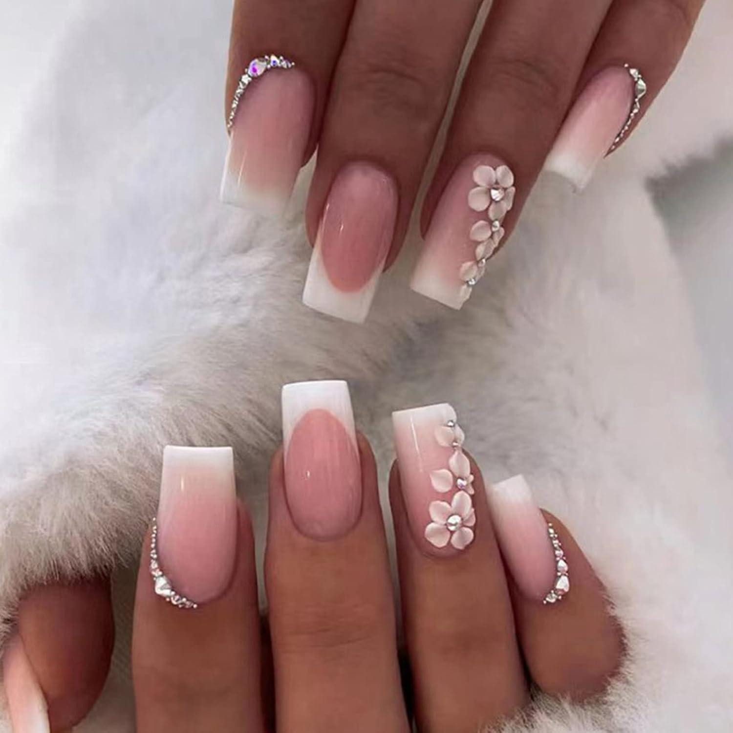 Kunstfingernägel 24er Set Geblümt Eckig Weiße French Künstliche Nägel - Press on Nails