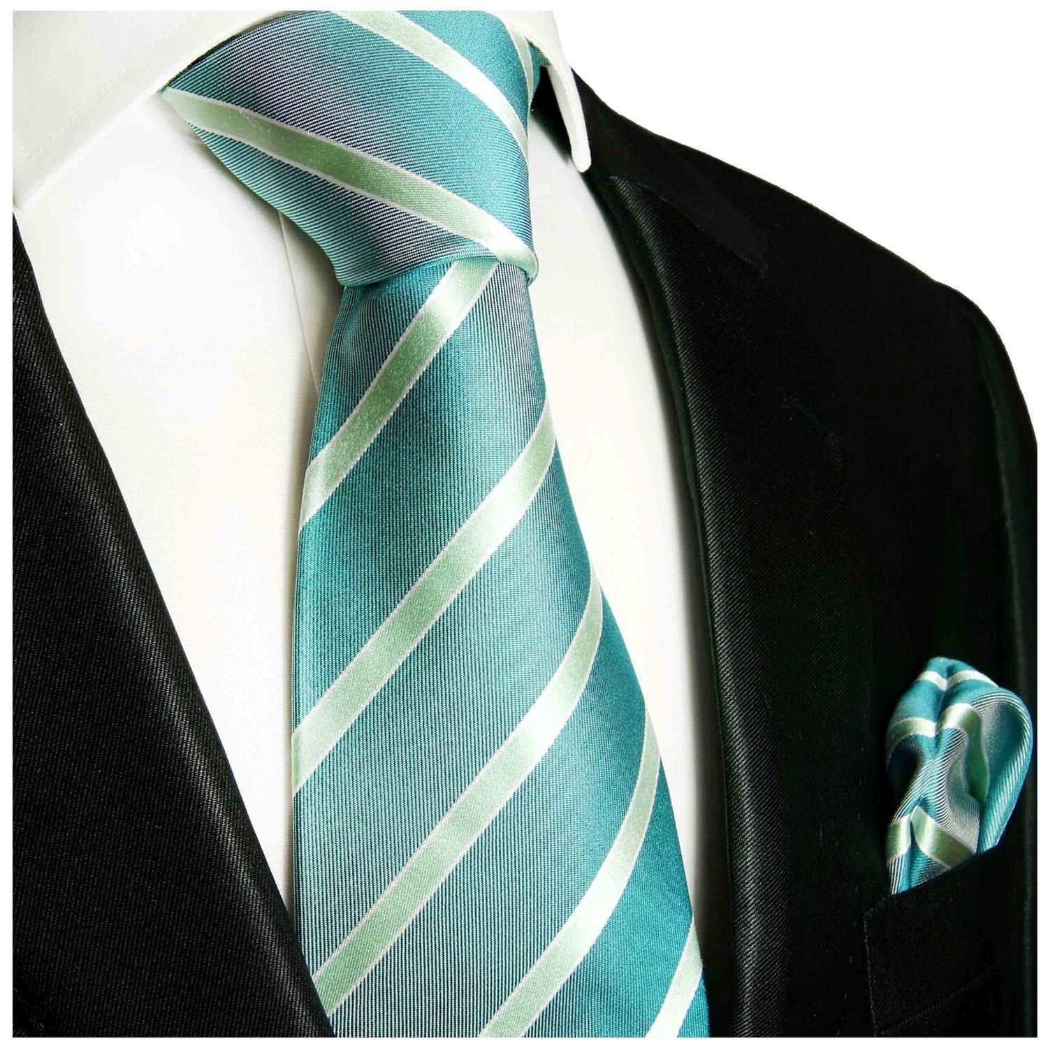 mit Krawatte Seidenkrawatte blau grün Seide Schmal Tuch Einstecktuch) (Set, Paul Malone modern und (6cm), 100% 715 Herren Krawatte 2-St., gestreift