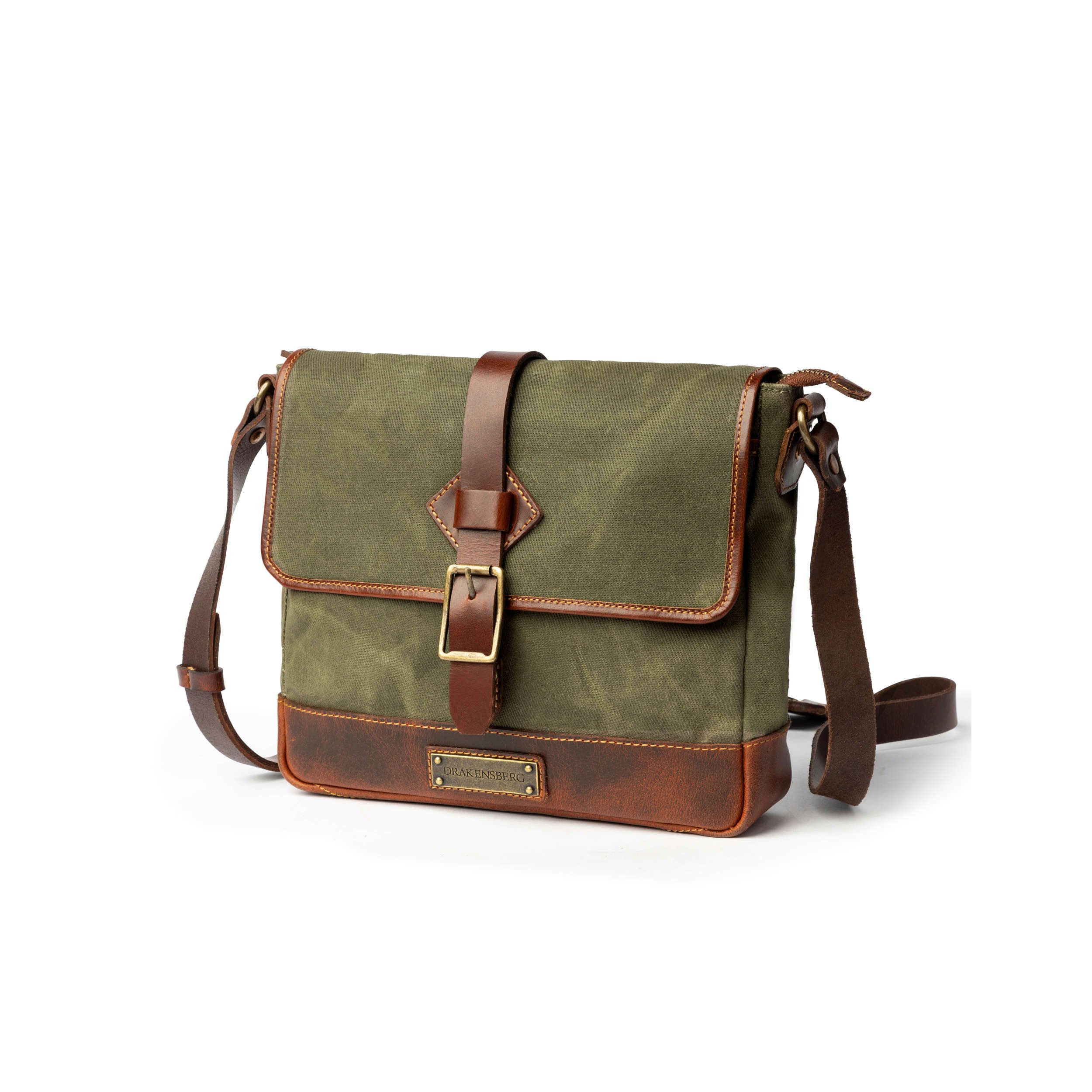 DRAKENSBERG Umhängetasche Messenger Bag »Nate« Wald-Grün, Herren Cross-Body Messenger Tasche aus gewachstem Canvas mit Leder