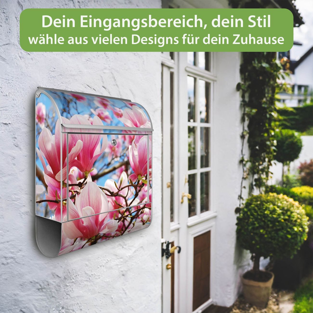 banjado Wandbriefkasten Silber Stahl mit Motiv Magnolienbaum (Wandbriefkasten witterungsbeständig, pulverbeschichtet, mit Zeitungsfach), 47 x 39 x 14 cm