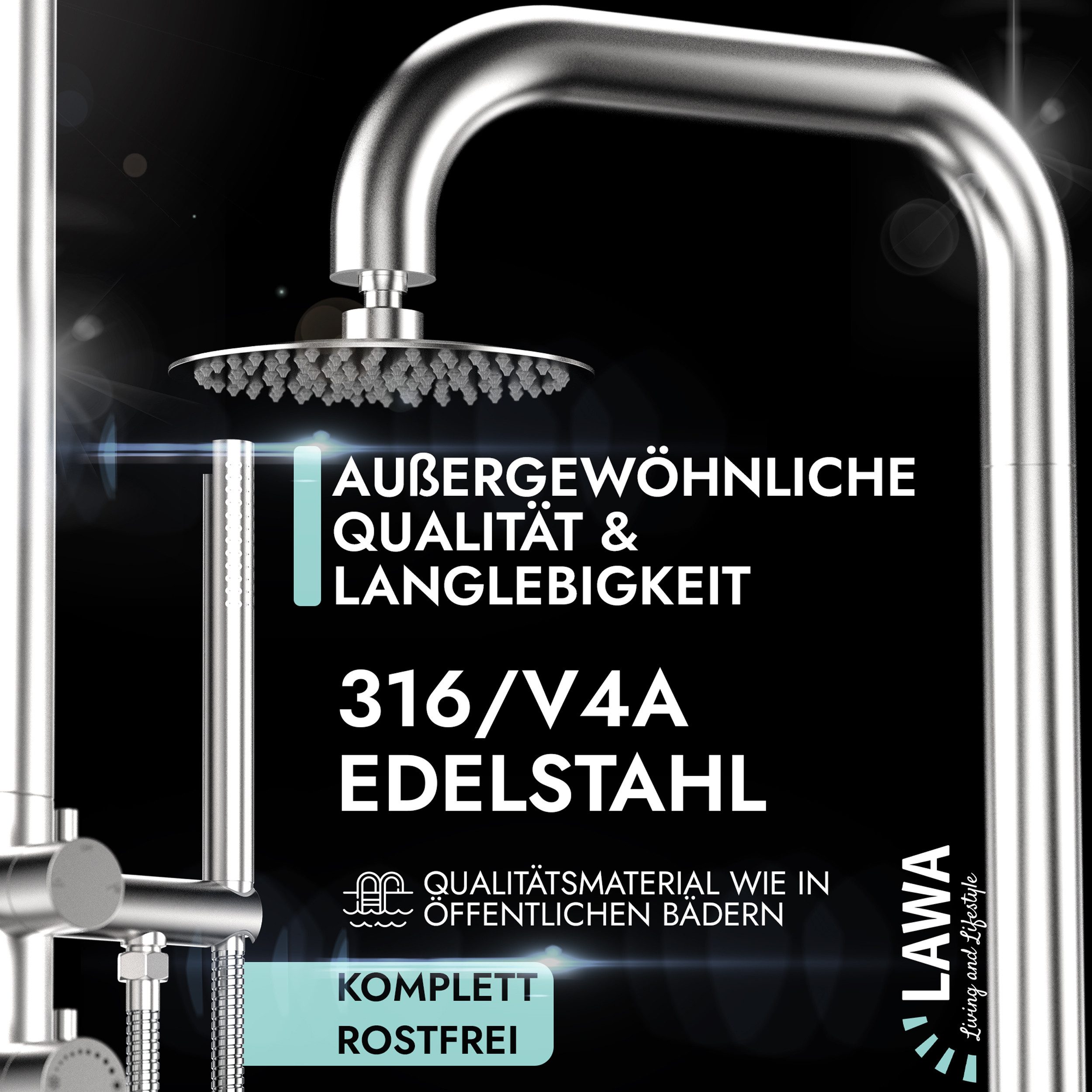 LAWA Living and Lifestyle Gartendusche V4A Edelstahl Warmwasserdusche / Kaltwasserdusche mit Mischbatterie (restentleert - winterfest, Aussendusche mit Handbrause), gebürstet rostfrei Regendusche verstellbar Saunadusche Pooldusche