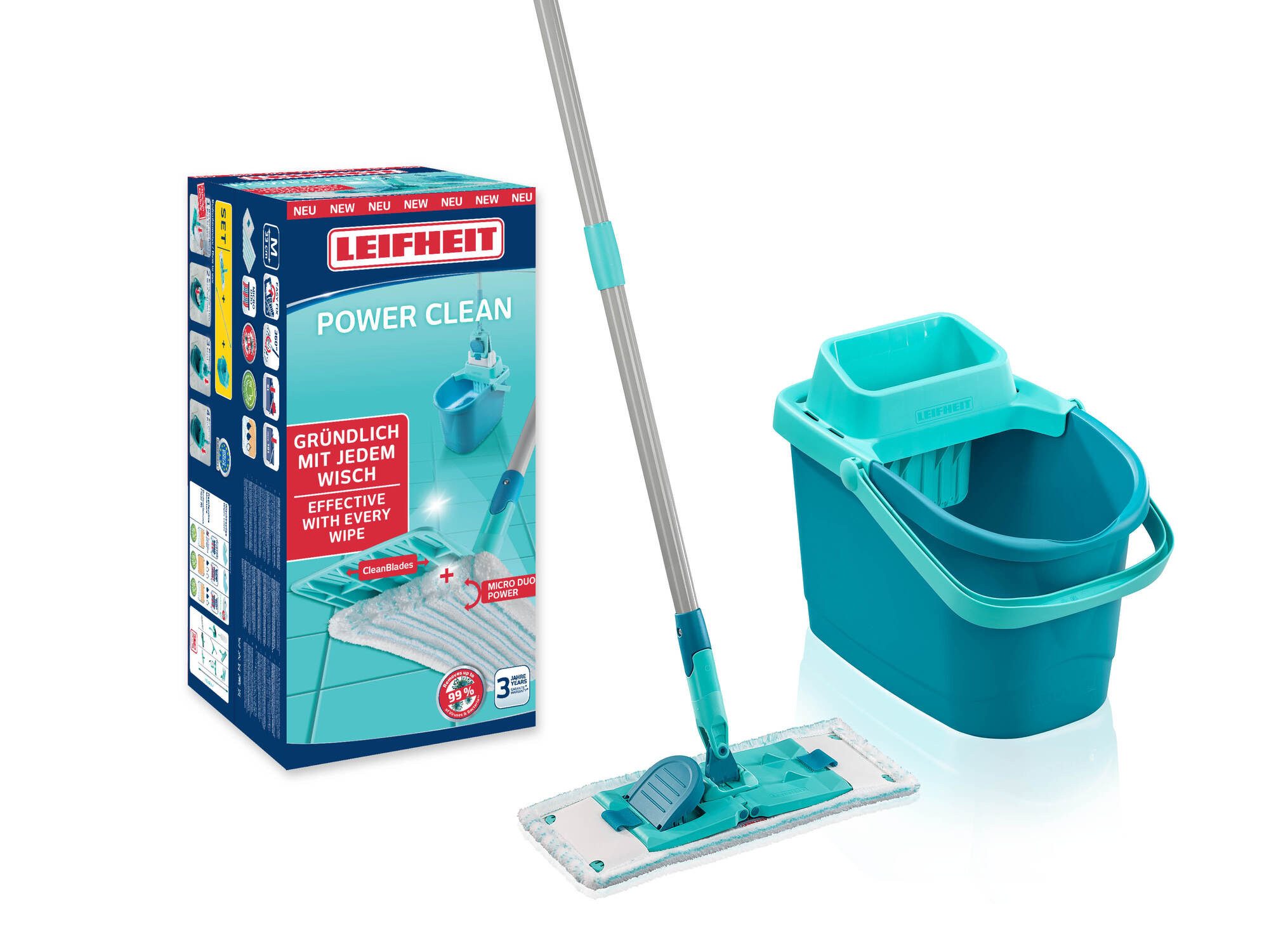 Leifheit Bodenwischer-Set Set POWER CLEAN, (5-St), Arbeitslänge 148cm, waschbarer Bezug, Wischbreite 33cm